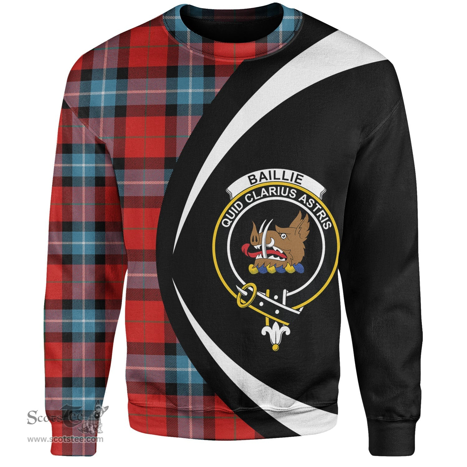 ScotsTee Shop Scottish Baillie of Polkemmet Red Clan Crest Personalized Tartan Sweatshirt Circle Style Back Shirt with Your Text