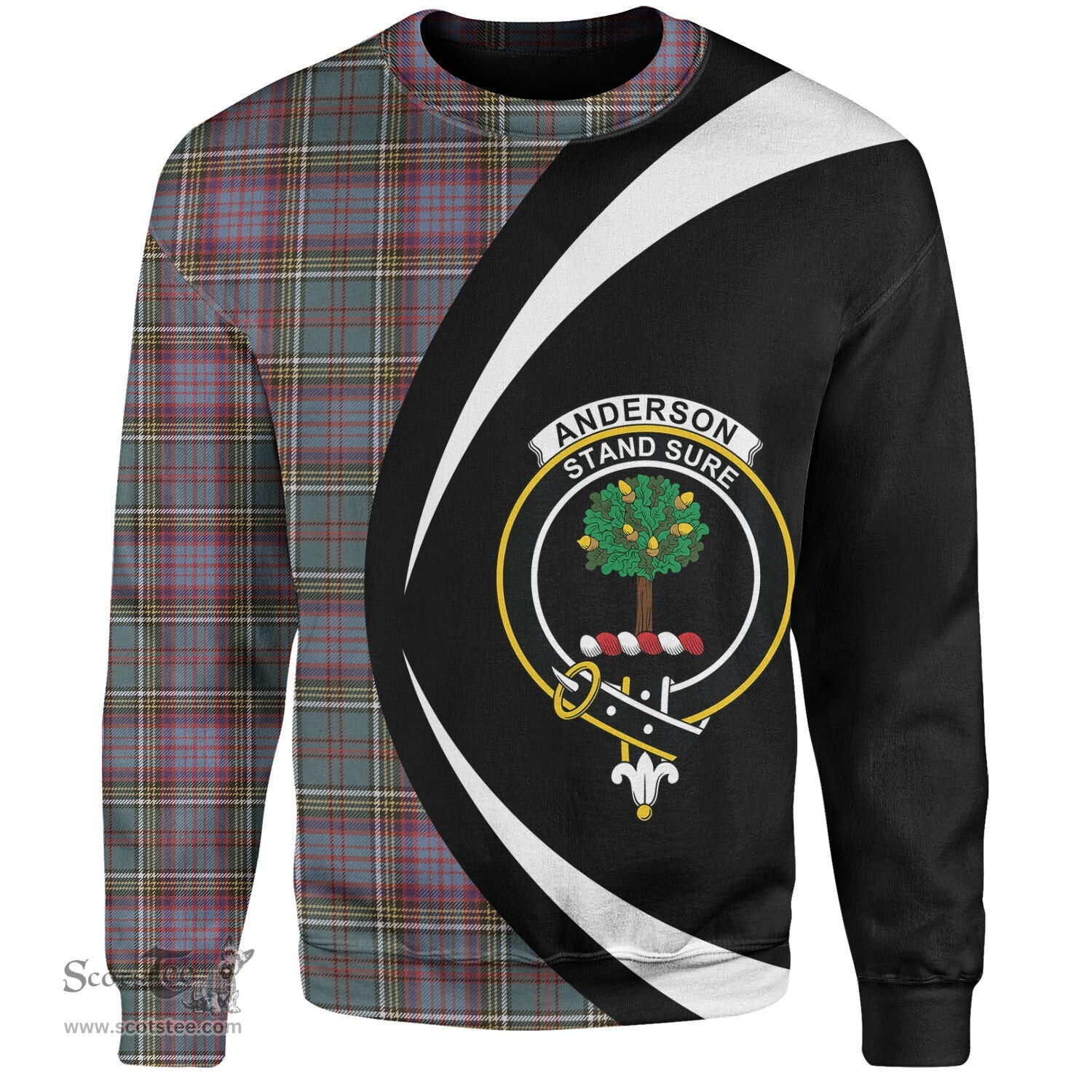 ScotsTee Shop Scottish Anderson of Kinneddar Hunting Weathered Clan Crest Personalized Tartan Sweatshirt Circle Style Back Shirt with Your Text