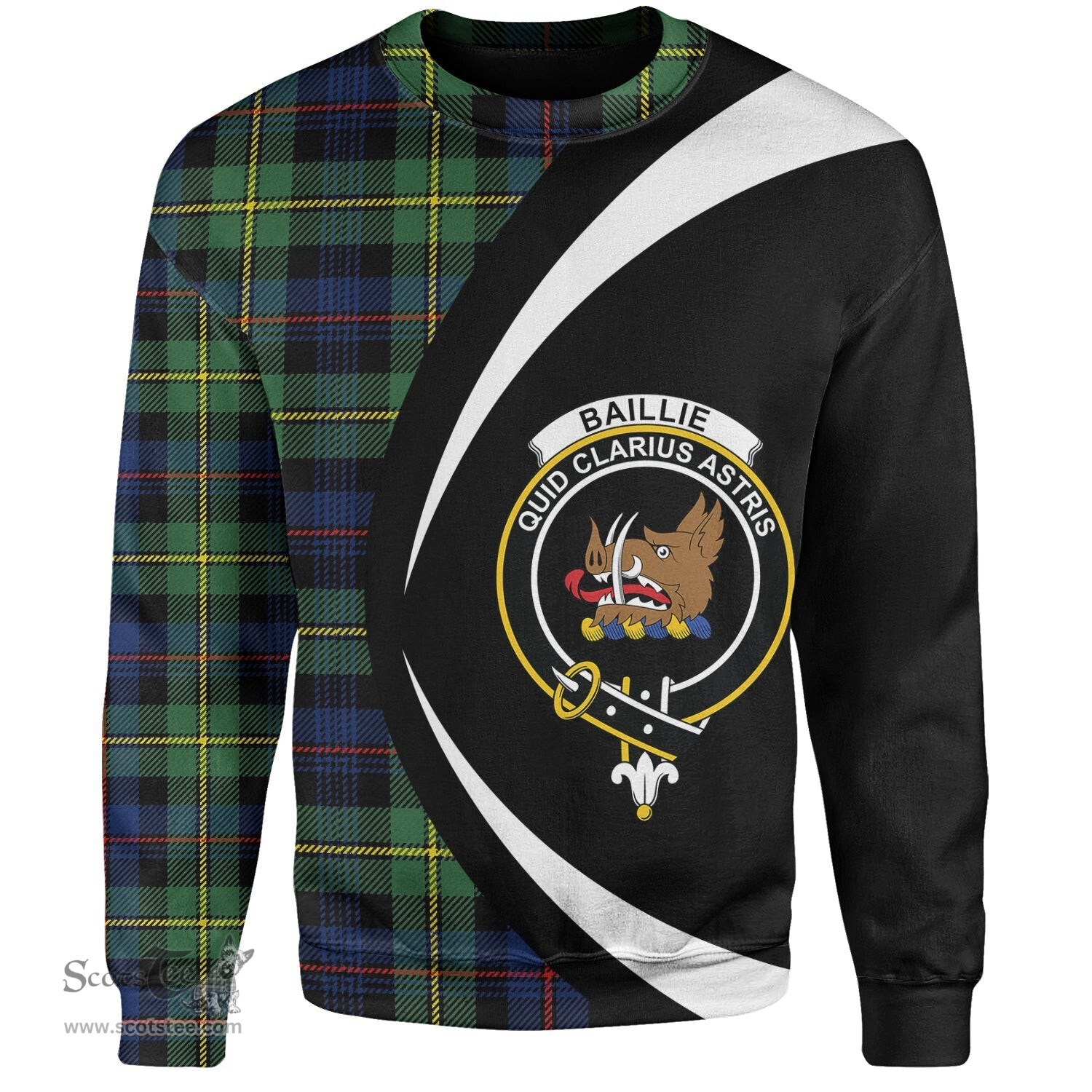 ScotsTee Shop Scottish Baillie Modern Clan Crest Personalized Tartan Sweatshirt Circle Style Back Shirt with Your Text