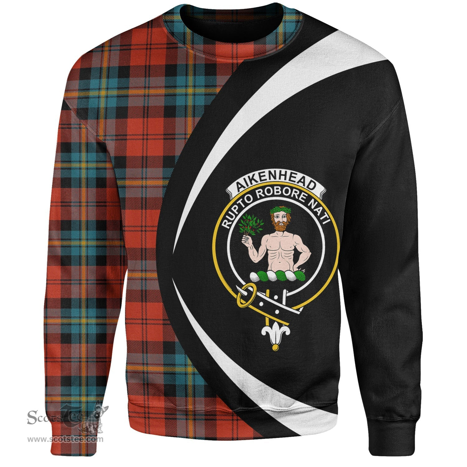 ScotsTee Shop Scottish Aitken Ancient Clan Crest Personalized Tartan Sweatshirt Circle Style Back Shirt with Your Text