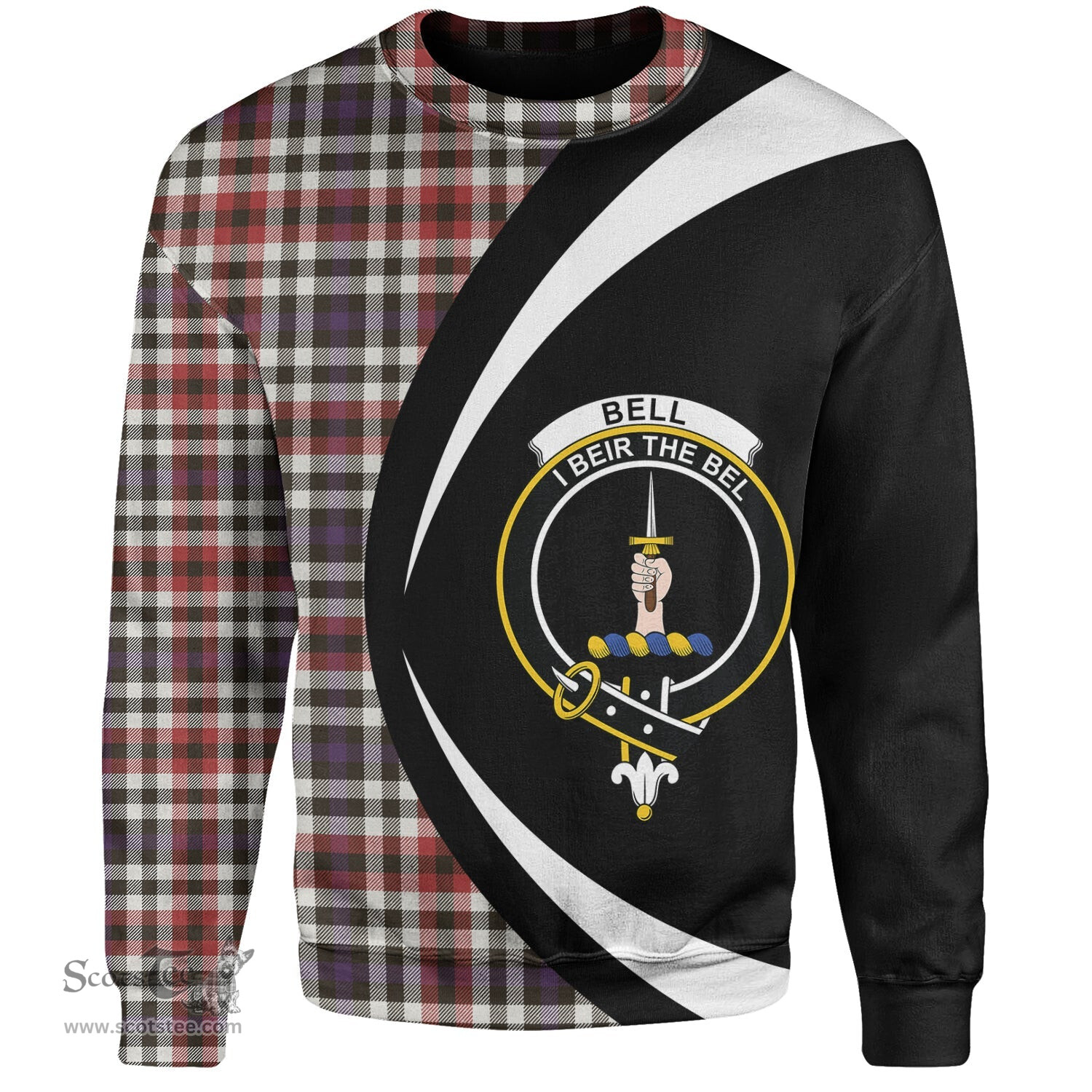 ScotsTee Shop Scottish Bell Border (Bell Southern Bell) Weathered Clan Crest Personalized Tartan Sweatshirt Circle Style Back Shirt with Your Text
