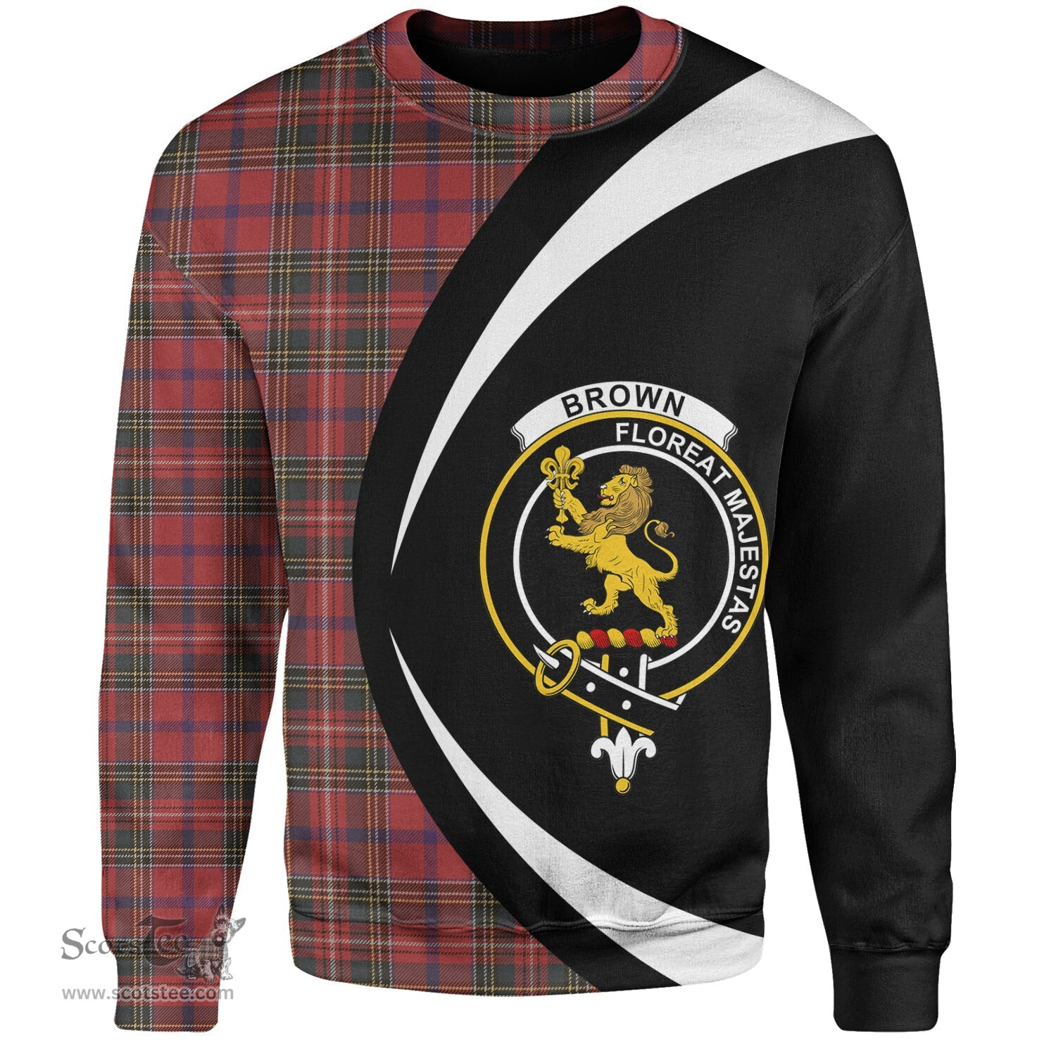 ScotsTee Shop Scottish Brown of Castledean (Broun of Castledean) Weathered Clan Crest Personalized Tartan Sweatshirt Circle Style Back Shirt with Your Text