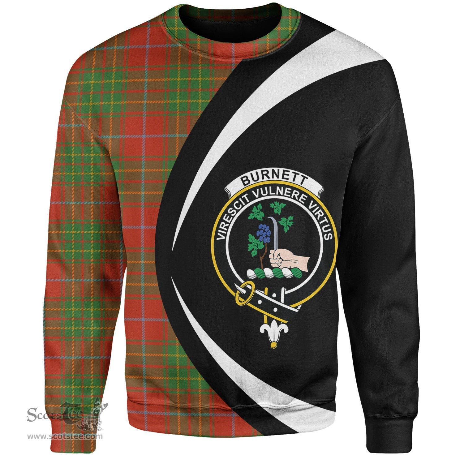 ScotsTee Shop Scottish Burnett Ancient Clan Crest Personalized Tartan Sweatshirt Circle Style Back Shirt with Your Text