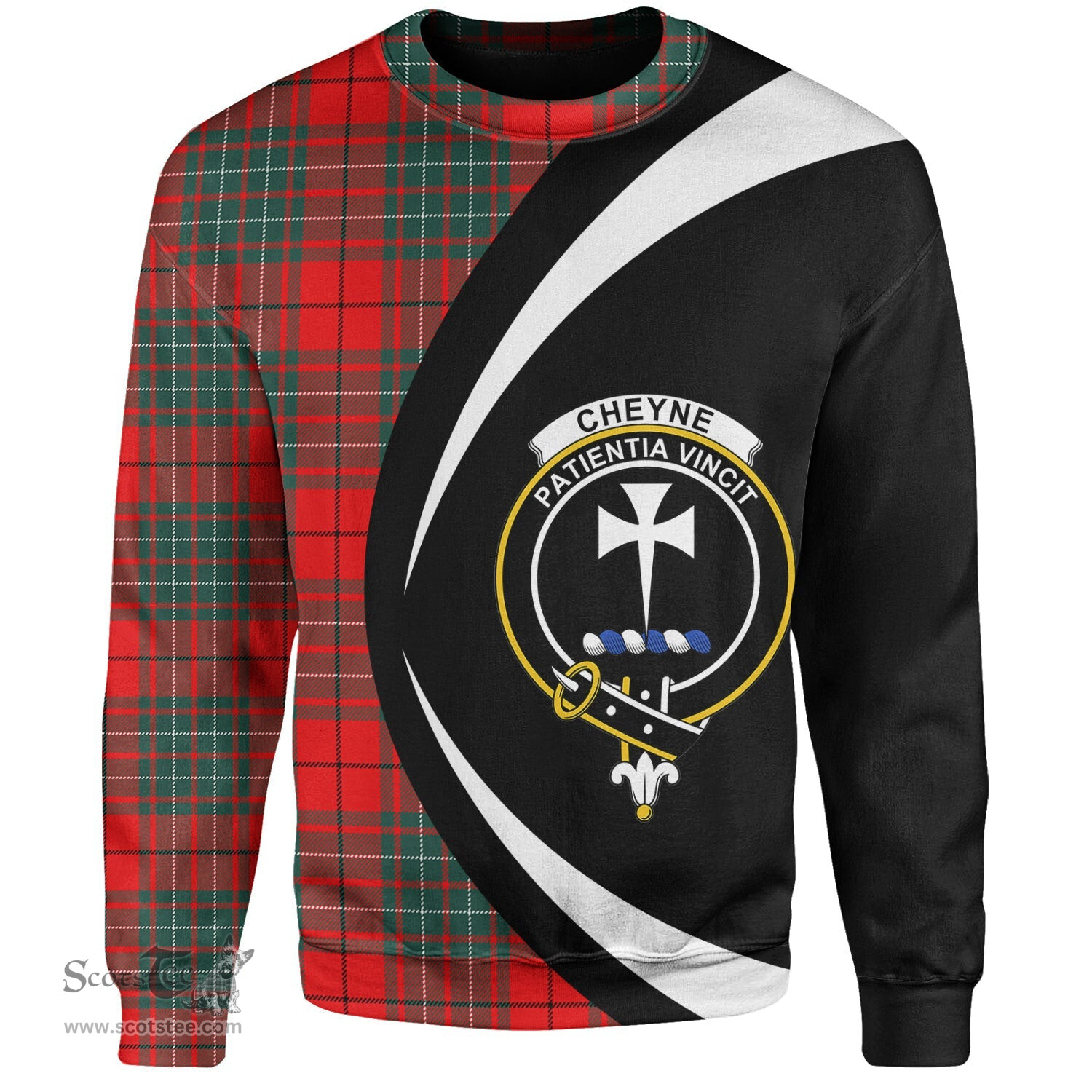 ScotsTee Shop Scottish Cheyne Clan Crest Personalized Tartan Sweatshirt Circle Style Back Shirt with Your Text