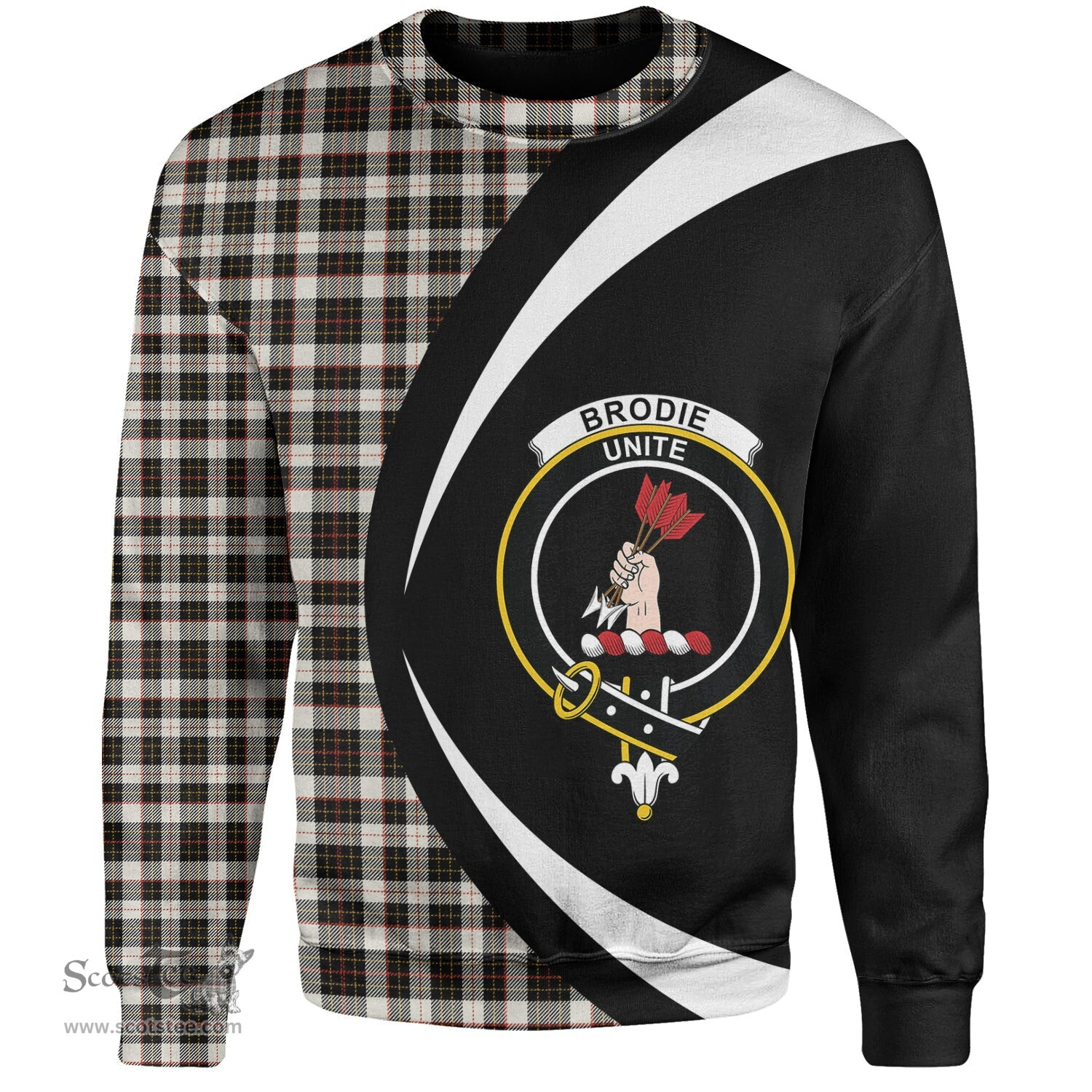ScotsTee Shop Scottish Brodie Black & White Clan Crest Personalized Tartan Sweatshirt Circle Style Back Shirt with Your Text