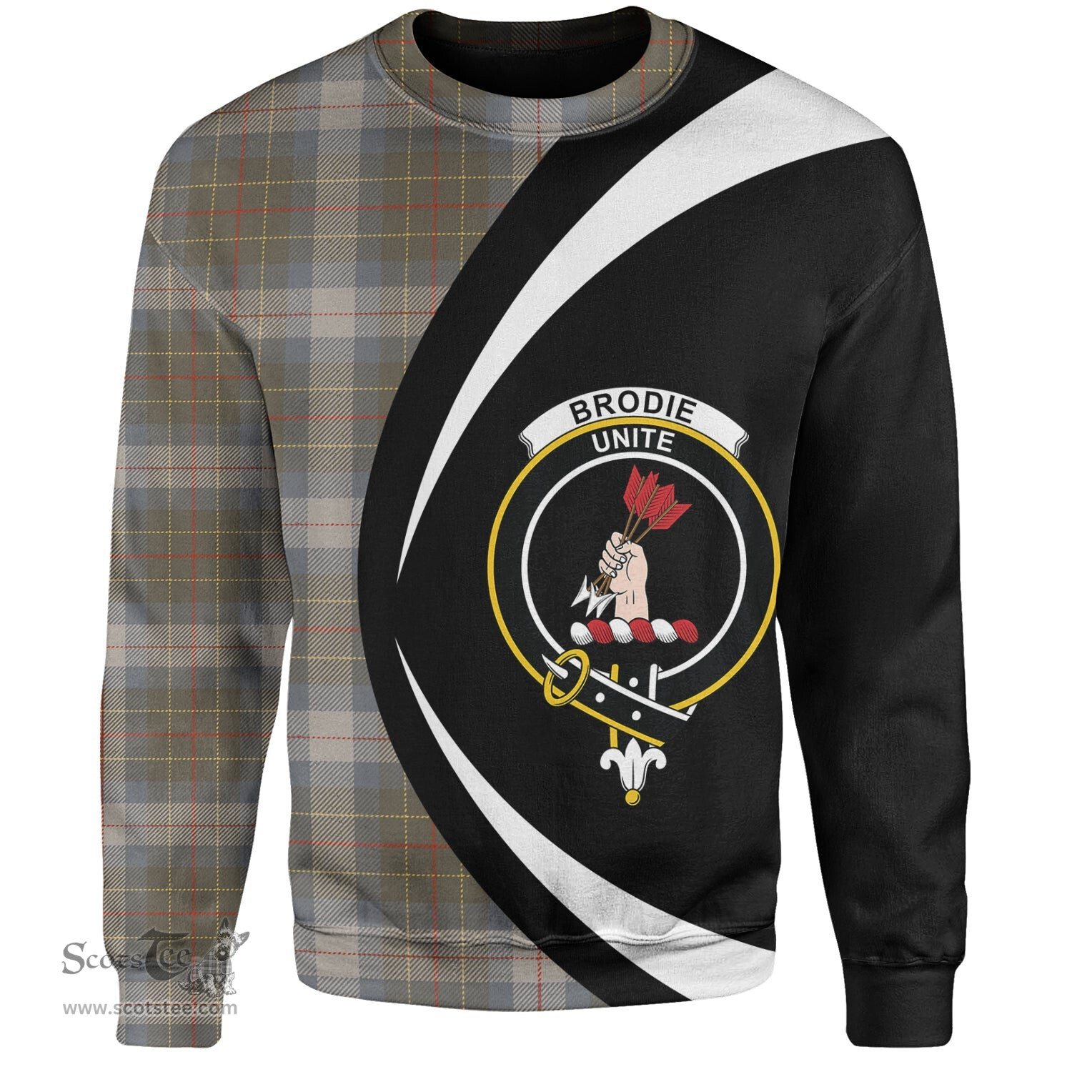 ScotsTee Shop Scottish Brodie Silver (Brodie Muted) Ancient Clan Crest Personalized Tartan Sweatshirt Circle Style Back Shirt with Your Text