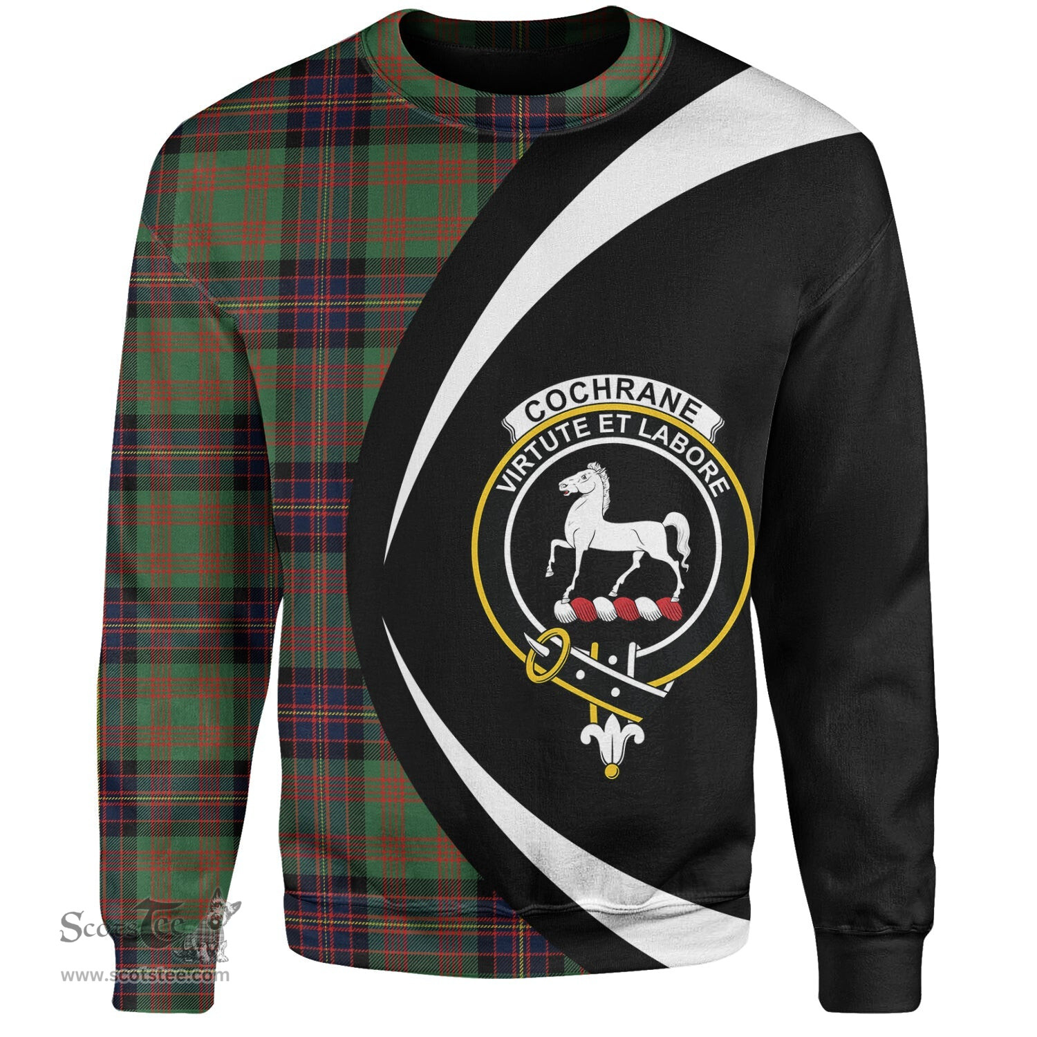 ScotsTee Shop Scottish Cochrane (Cochran) Modern Clan Crest Personalized Tartan Sweatshirt Circle Style Back Shirt with Your Text
