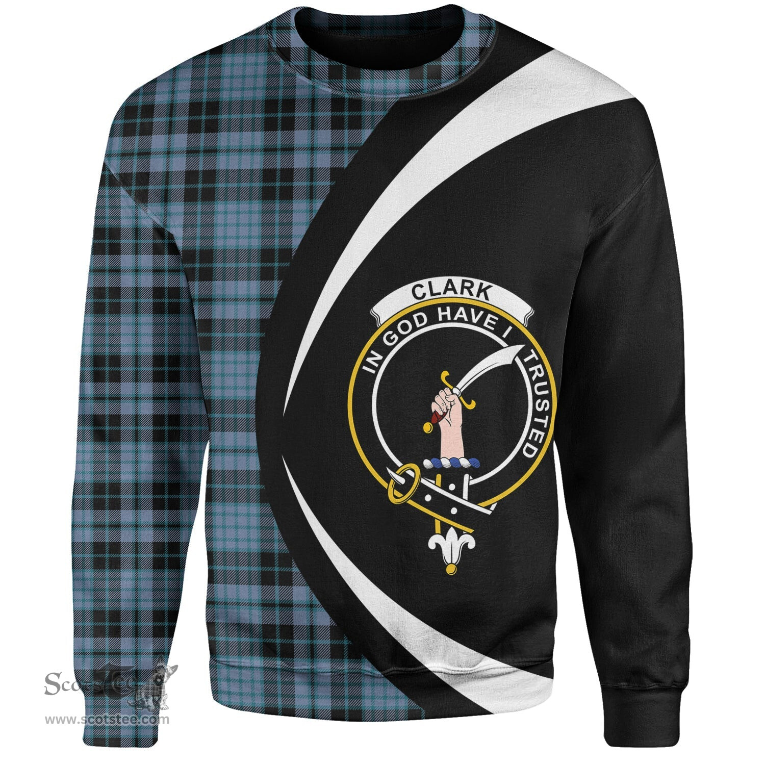 ScotsTee Shop Scottish Clark (Clergy) Ancient Clan Crest Personalized Tartan Sweatshirt Circle Style Back Shirt with Your Text