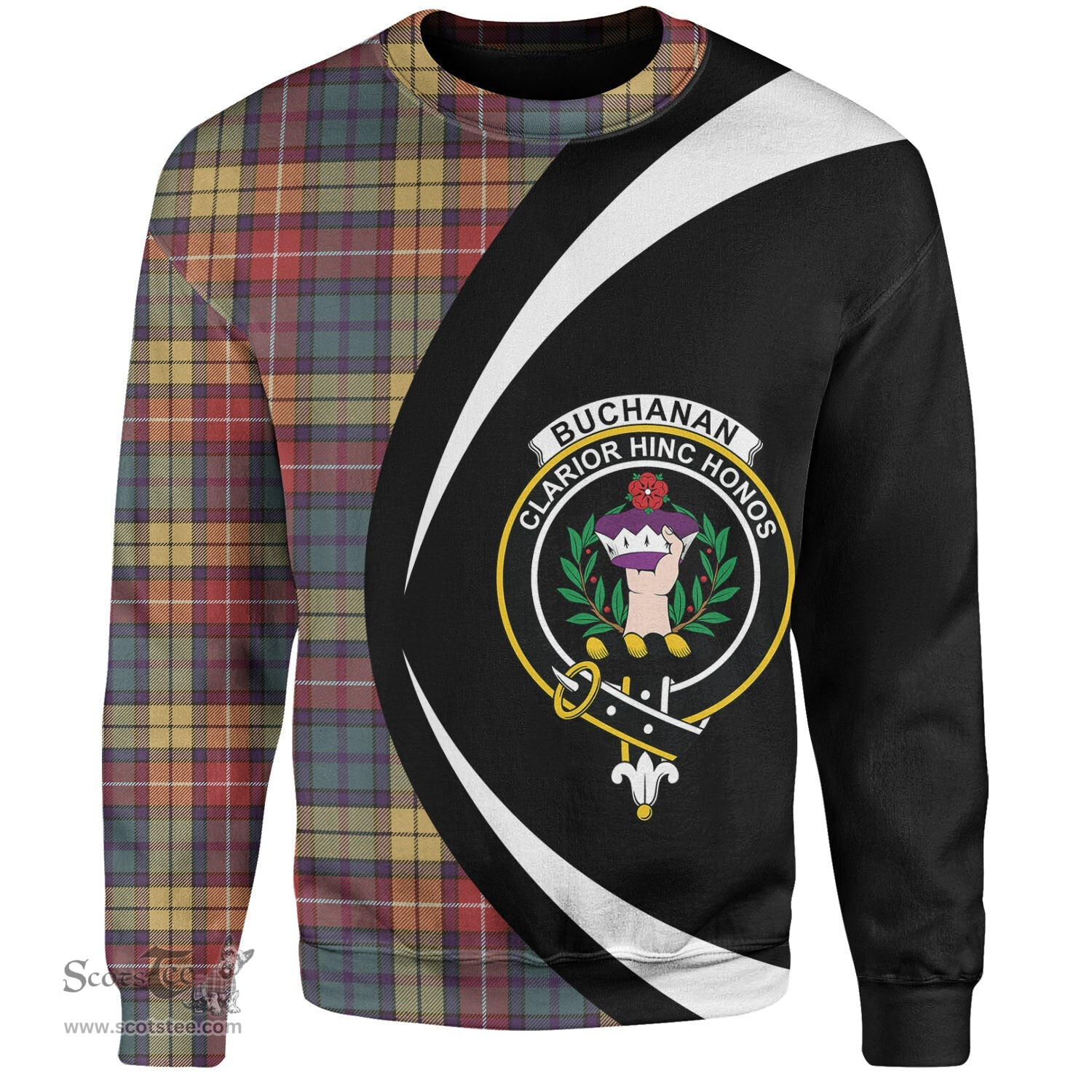 ScotsTee Shop Scottish Buchanan Weathered Clan Crest Personalized Tartan Sweatshirt Circle Style Back Shirt with Your Text