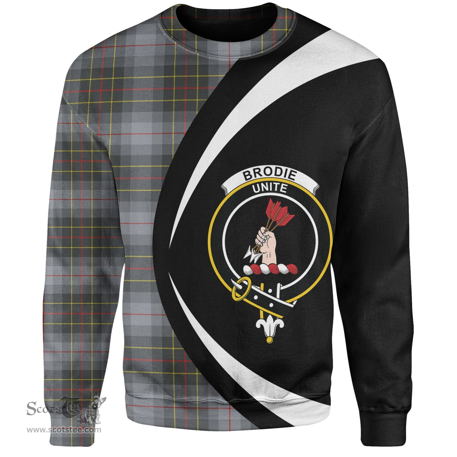ScotsTee Shop Scottish Brodie Silver (Brodie Muted) Modern Clan Crest Personalized Tartan Sweatshirt Circle Style Back Shirt with Your Text