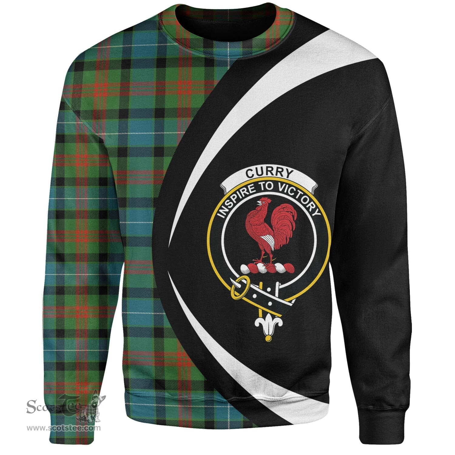 ScotsTee Shop Scottish Curry (Currie) Ancient Clan Crest Personalized Tartan Sweatshirt Circle Style Back Shirt with Your Text