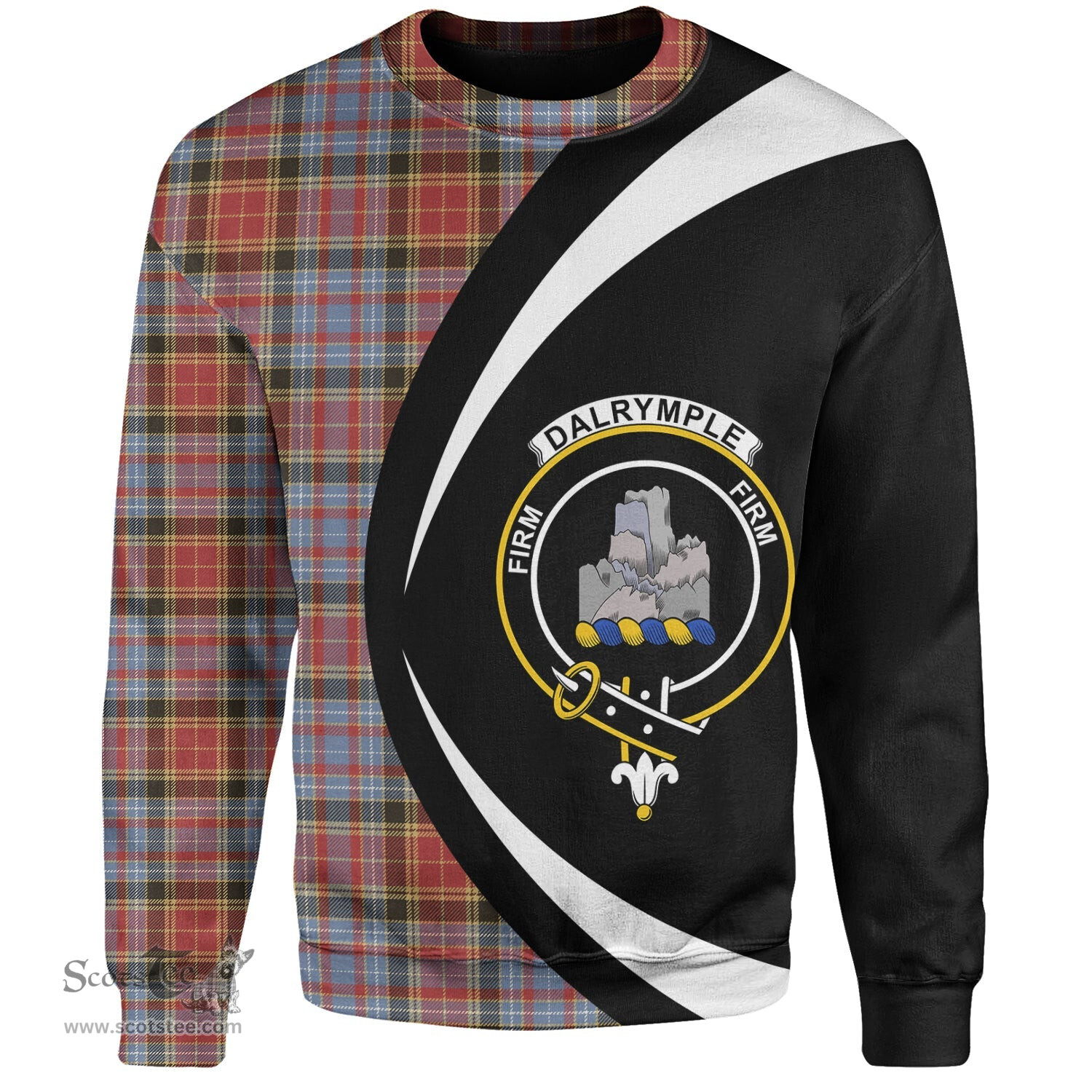 ScotsTee Shop Scottish Dalrymple of Castleton Weathered Clan Crest Personalized Tartan Sweatshirt Circle Style Back Shirt with Your Text