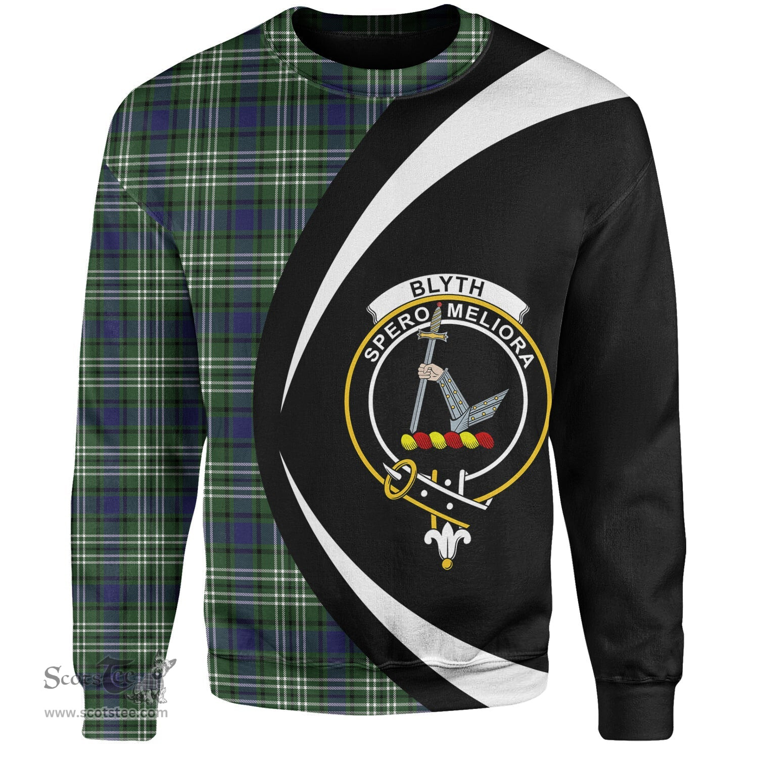 ScotsTee Shop Scottish Blyth Clan Crest Personalized Tartan Sweatshirt Circle Style Back Shirt with Your Text