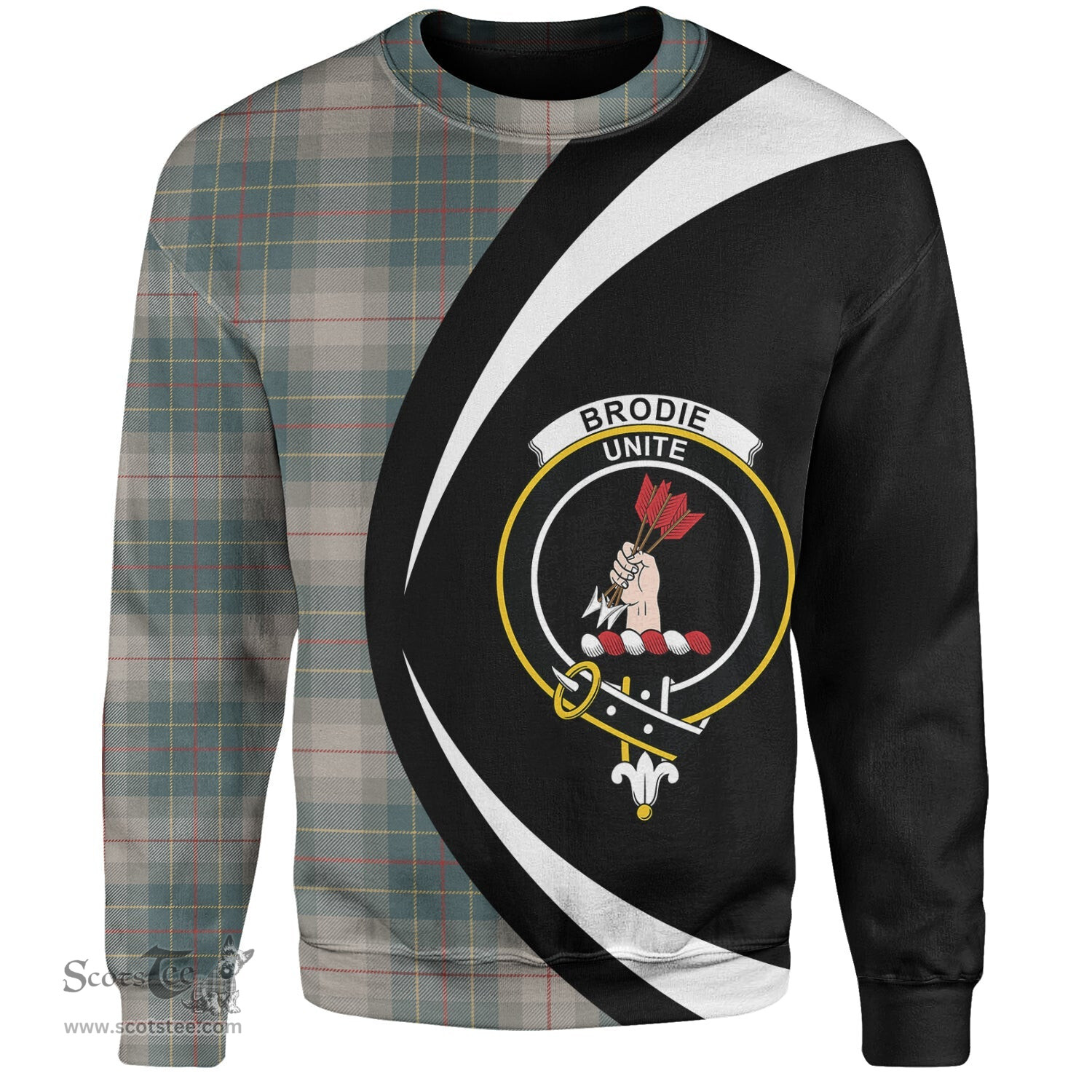 ScotsTee Shop Scottish Brodie Silver (Brodie Muted) Weathered Clan Crest Personalized Tartan Sweatshirt Circle Style Back Shirt with Your Text
