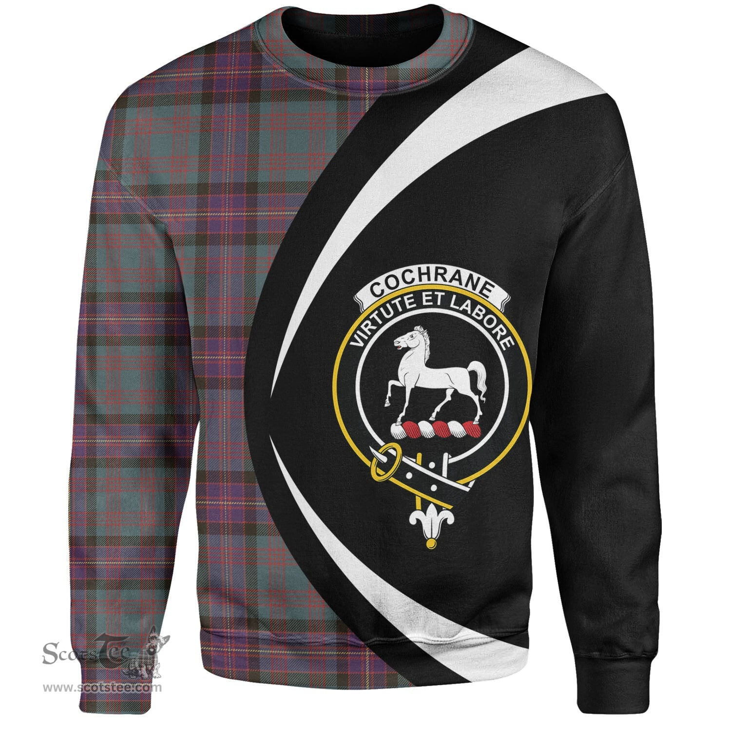 ScotsTee Shop Scottish Cochrane (Cochran) Weathered Clan Crest Personalized Tartan Sweatshirt Circle Style Back Shirt with Your Text