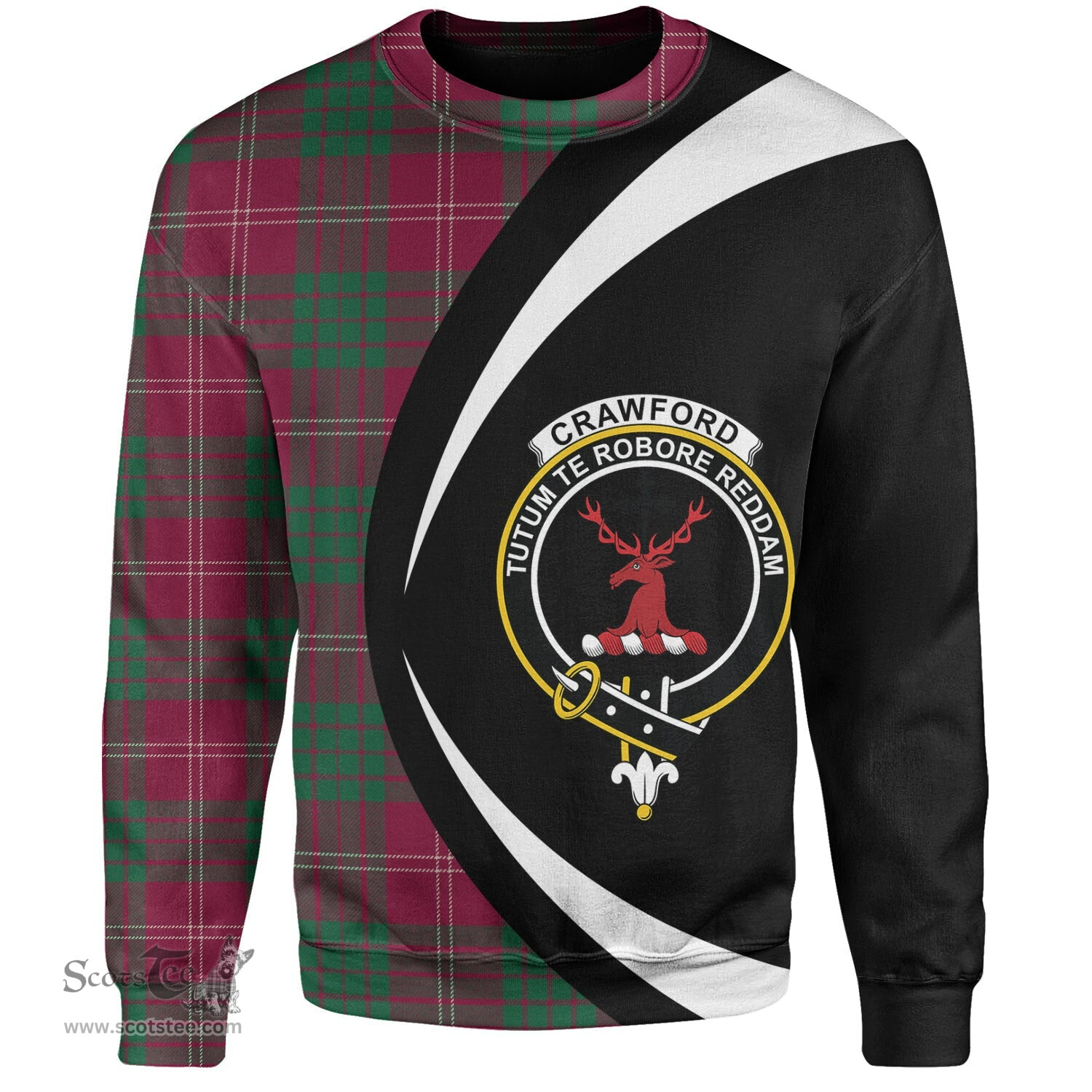 ScotsTee Shop Scottish Crawford Red Modern Clan Crest Personalized Tartan Sweatshirt Circle Style Back Shirt with Your Text