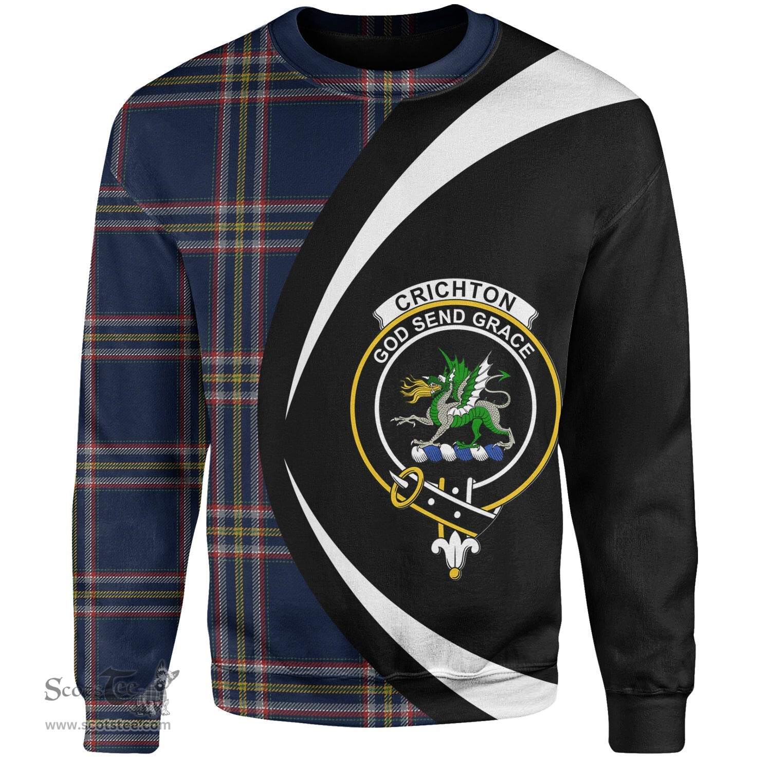 ScotsTee Shop Scottish Crichton (Creighton) Modern Clan Crest Personalized Tartan Sweatshirt Circle Style Back Shirt with Your Text