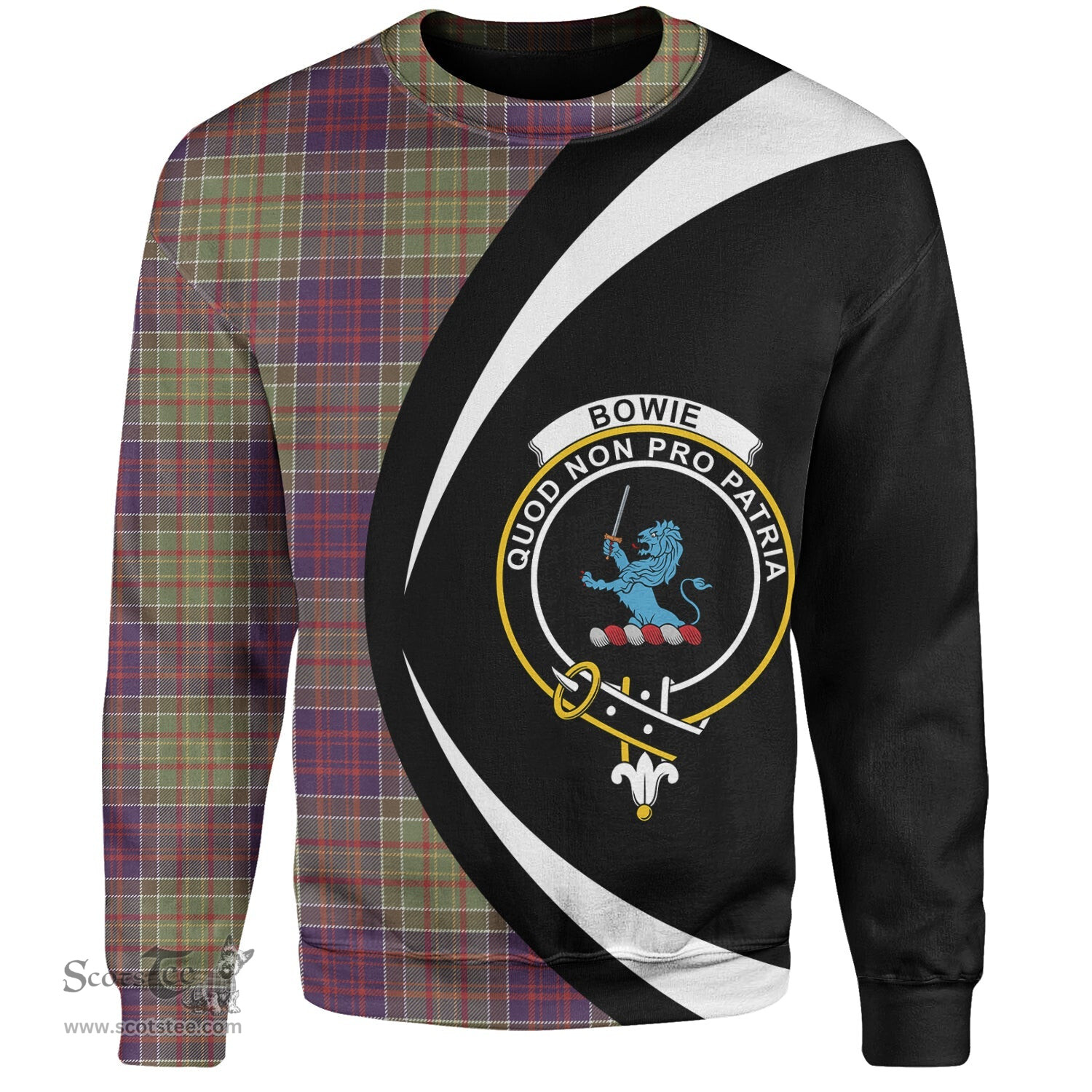 ScotsTee Shop Scottish Bowie Weathered Clan Crest Personalized Tartan Sweatshirt Circle Style Back Shirt with Your Text