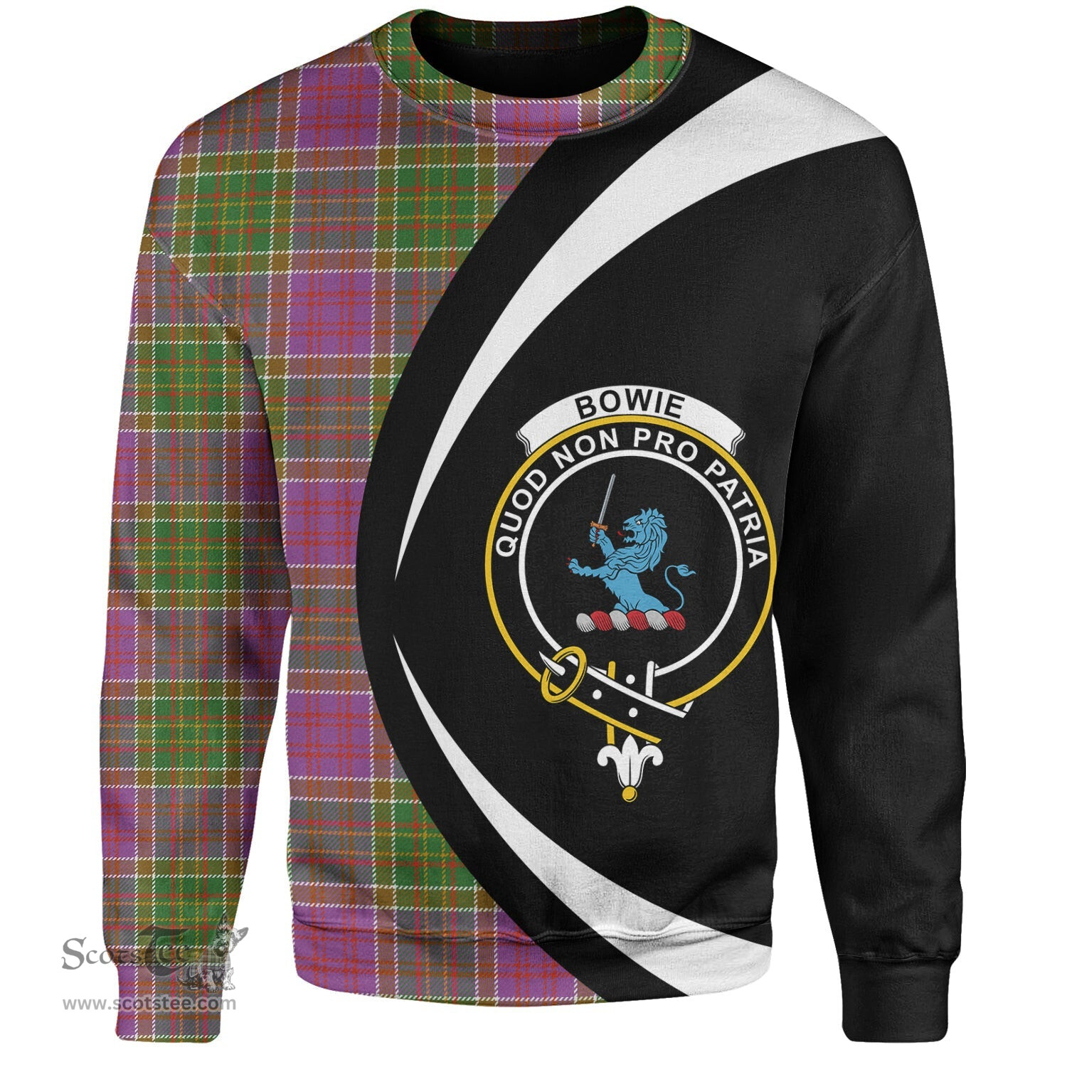 ScotsTee Shop Scottish Bowie Ancient Clan Crest Personalized Tartan Sweatshirt Circle Style Back Shirt with Your Text