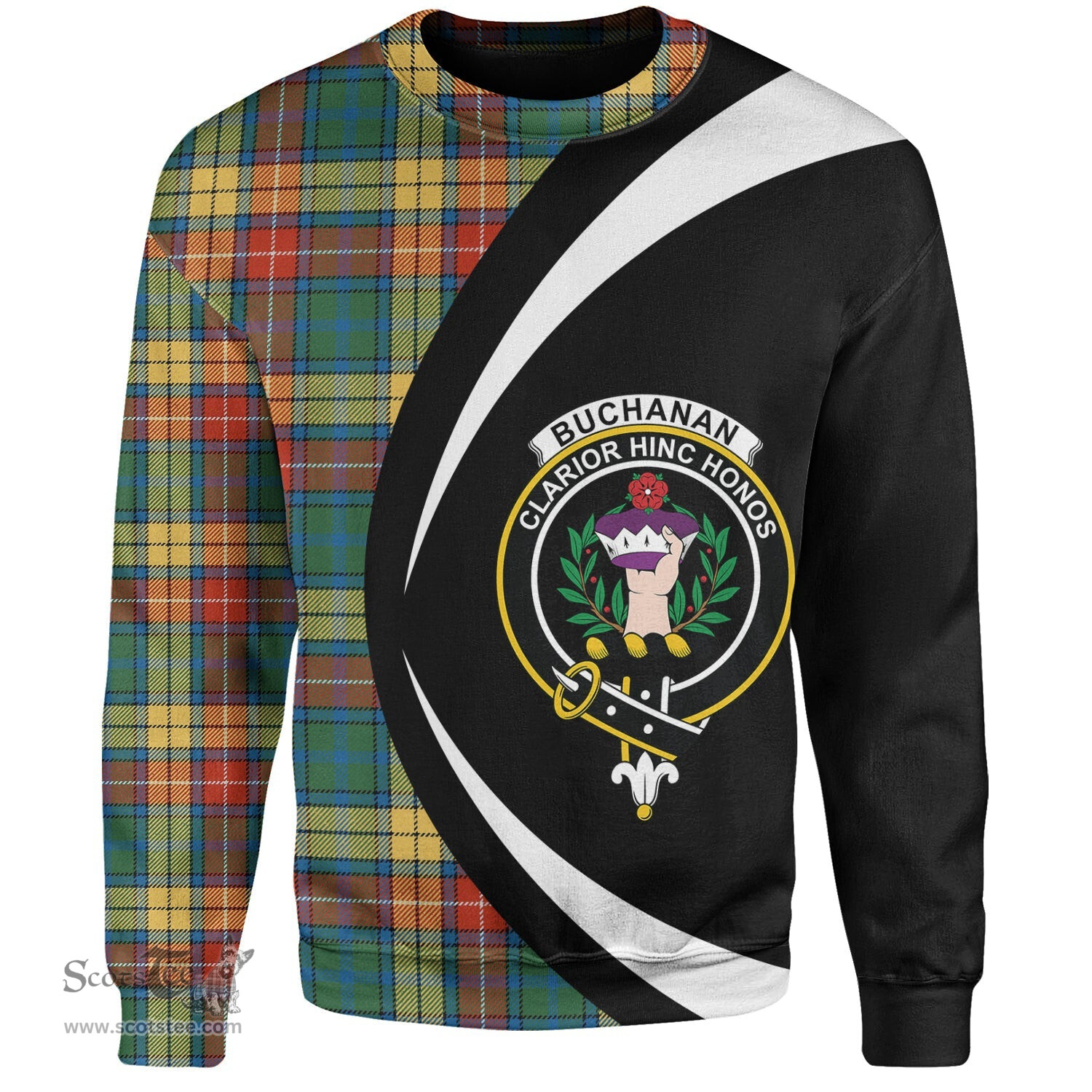 ScotsTee Shop Scottish Buchanan Ancient Clan Crest Personalized Tartan Sweatshirt Circle Style Back Shirt with Your Text