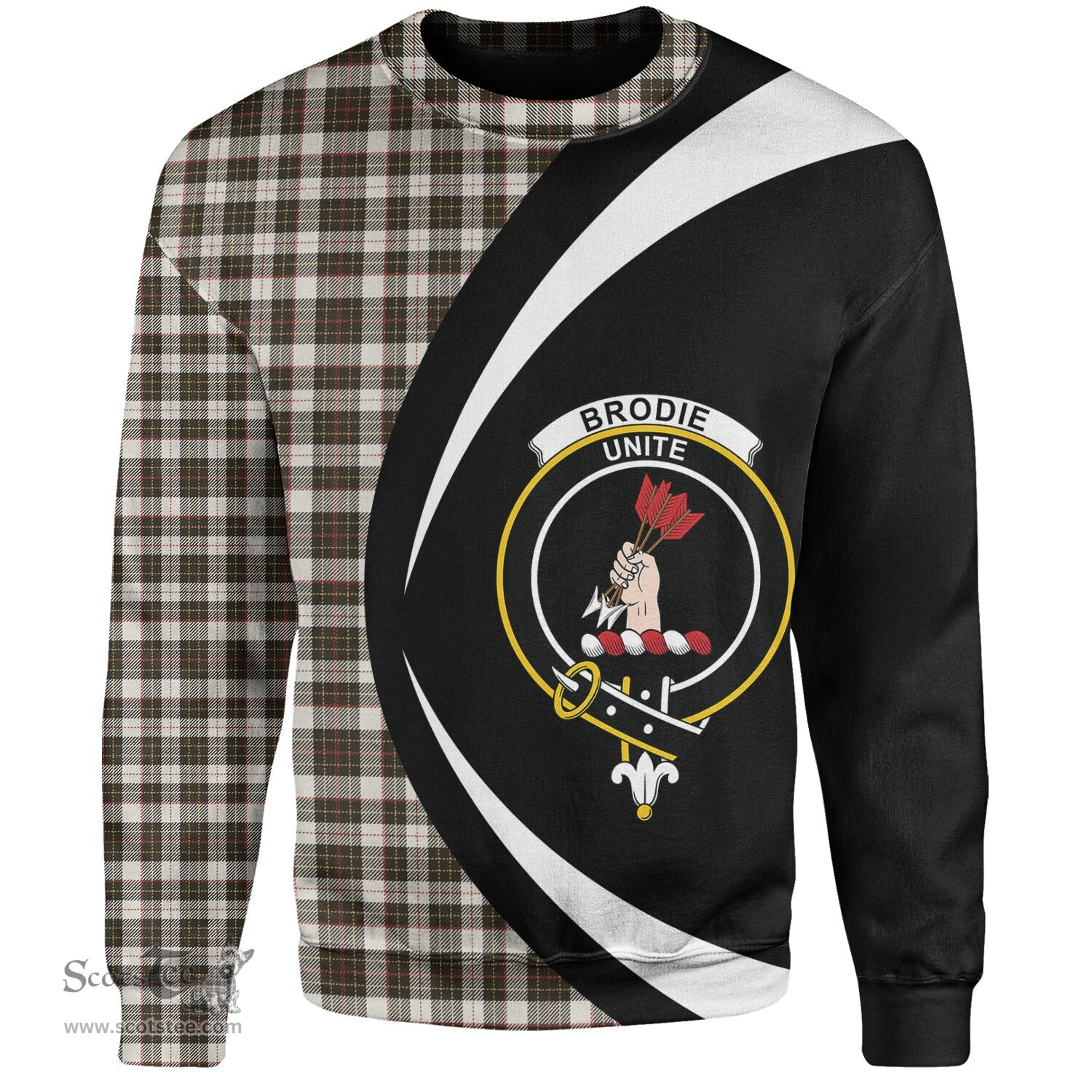 ScotsTee Shop Scottish Brodie Black & White Weathered Clan Crest Personalized Tartan Sweatshirt Circle Style Back Shirt with Your Text