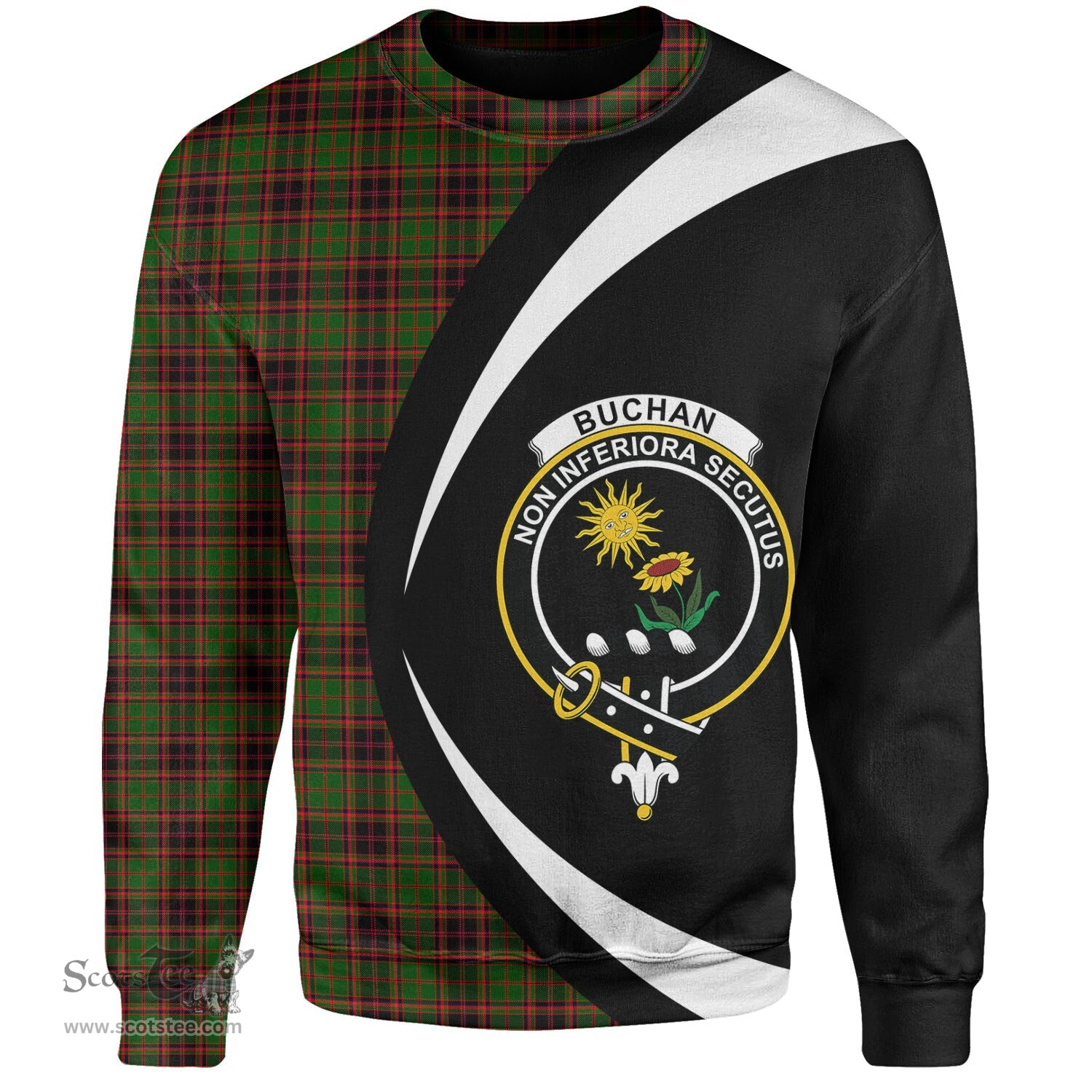 ScotsTee Shop Scottish Buchan Modern Clan Crest Personalized Tartan Sweatshirt Circle Style Back Shirt with Your Text