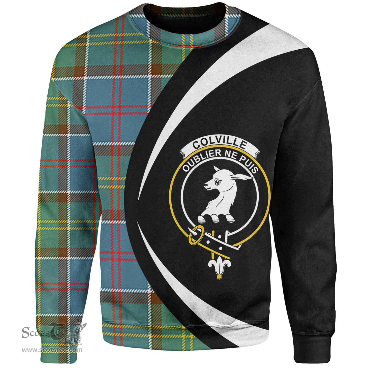 ScotsTee Shop Scottish Colville District Clan Crest Personalized Tartan Sweatshirt Circle Style Back Shirt with Your Text