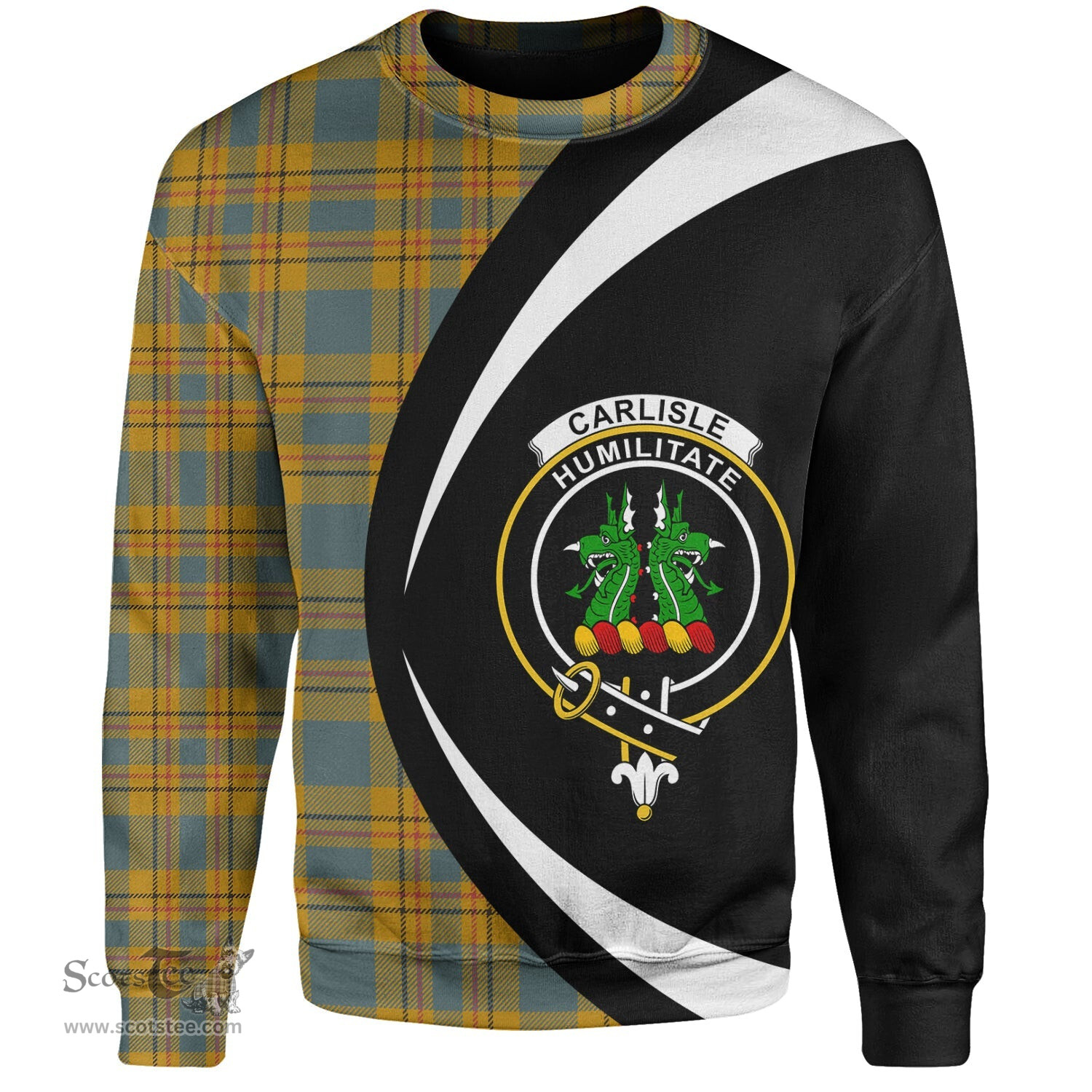 ScotsTee Shop Scottish Carlisle (Carlill) Weathered Clan Crest Personalized Tartan Sweatshirt Circle Style Back Shirt with Your Text