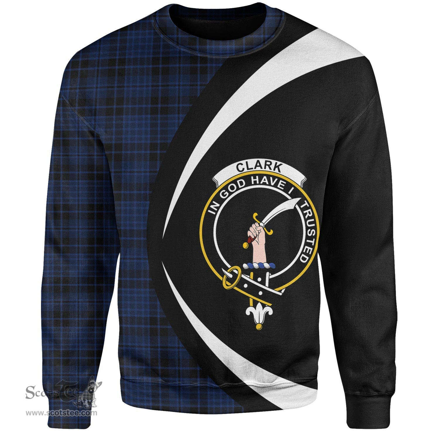 ScotsTee Shop Scottish Clark (Clergy) Modern Clan Crest Personalized Tartan Sweatshirt Circle Style Back Shirt with Your Text