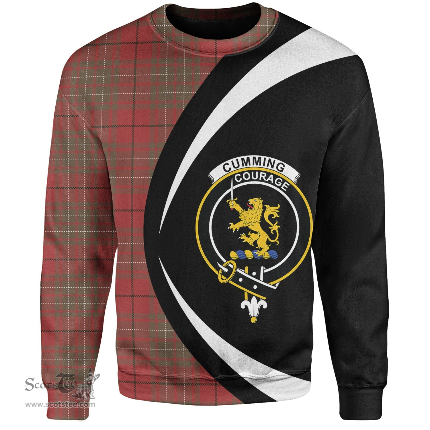ScotsTee Shop Scottish Cumming Weathered Clan Crest Personalized Tartan Sweatshirt Circle Style Back Shirt with Your Text