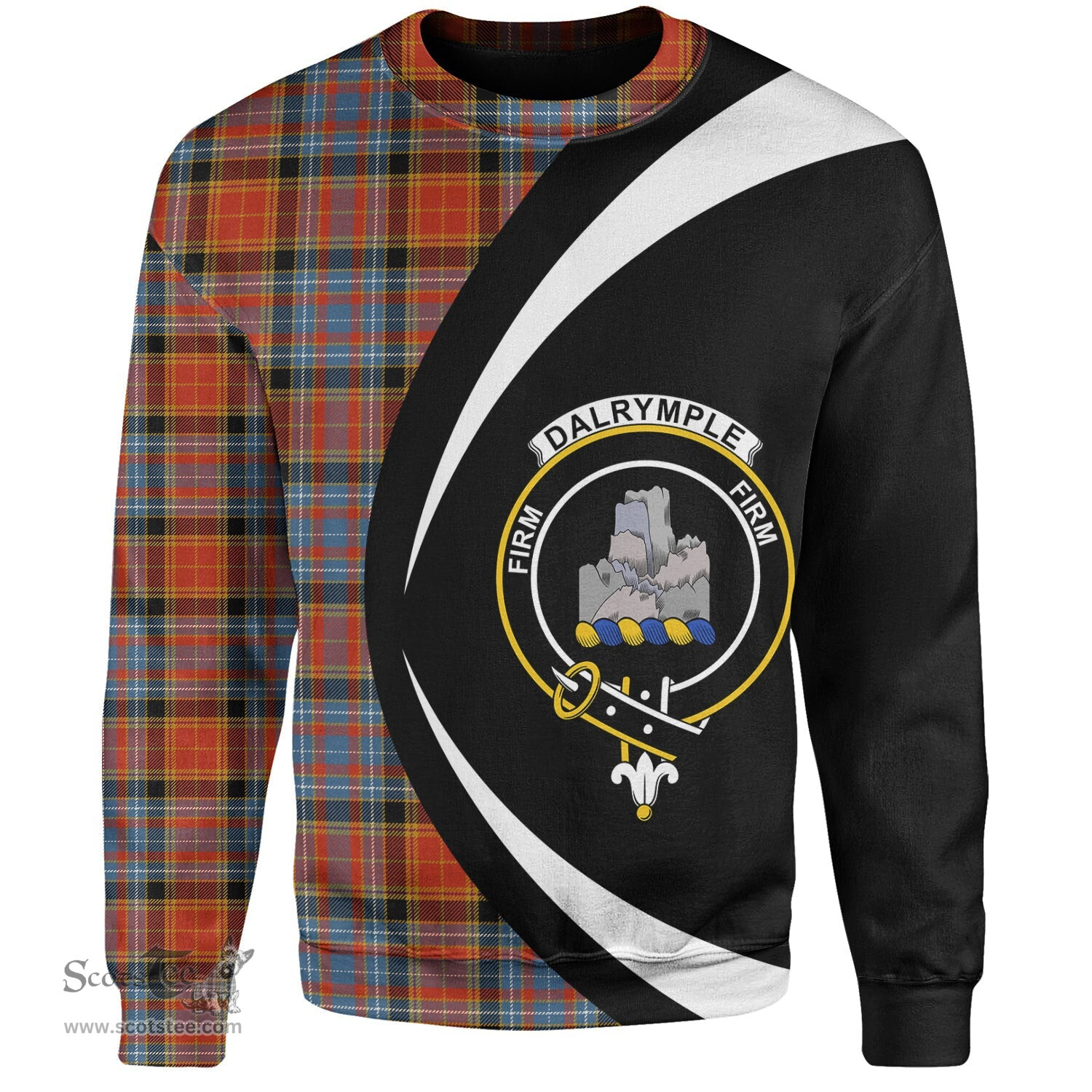 ScotsTee Shop Scottish Dalrymple of Castleton Ancient Clan Crest Personalized Tartan Sweatshirt Circle Style Back Shirt with Your Text