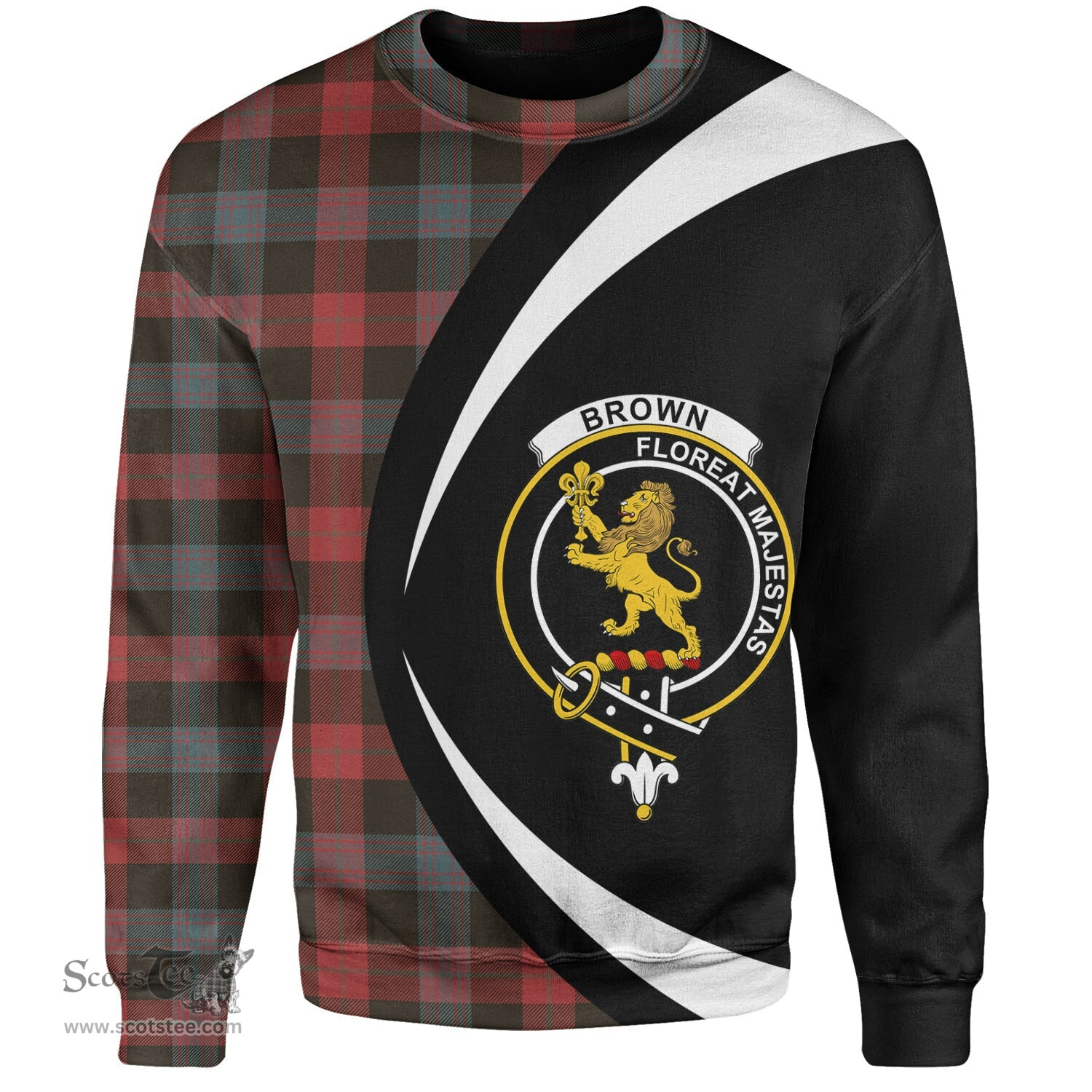 ScotsTee Shop Scottish Brown (Broun) Weathered Clan Crest Personalized Tartan Sweatshirt Circle Style Back Shirt with Your Text