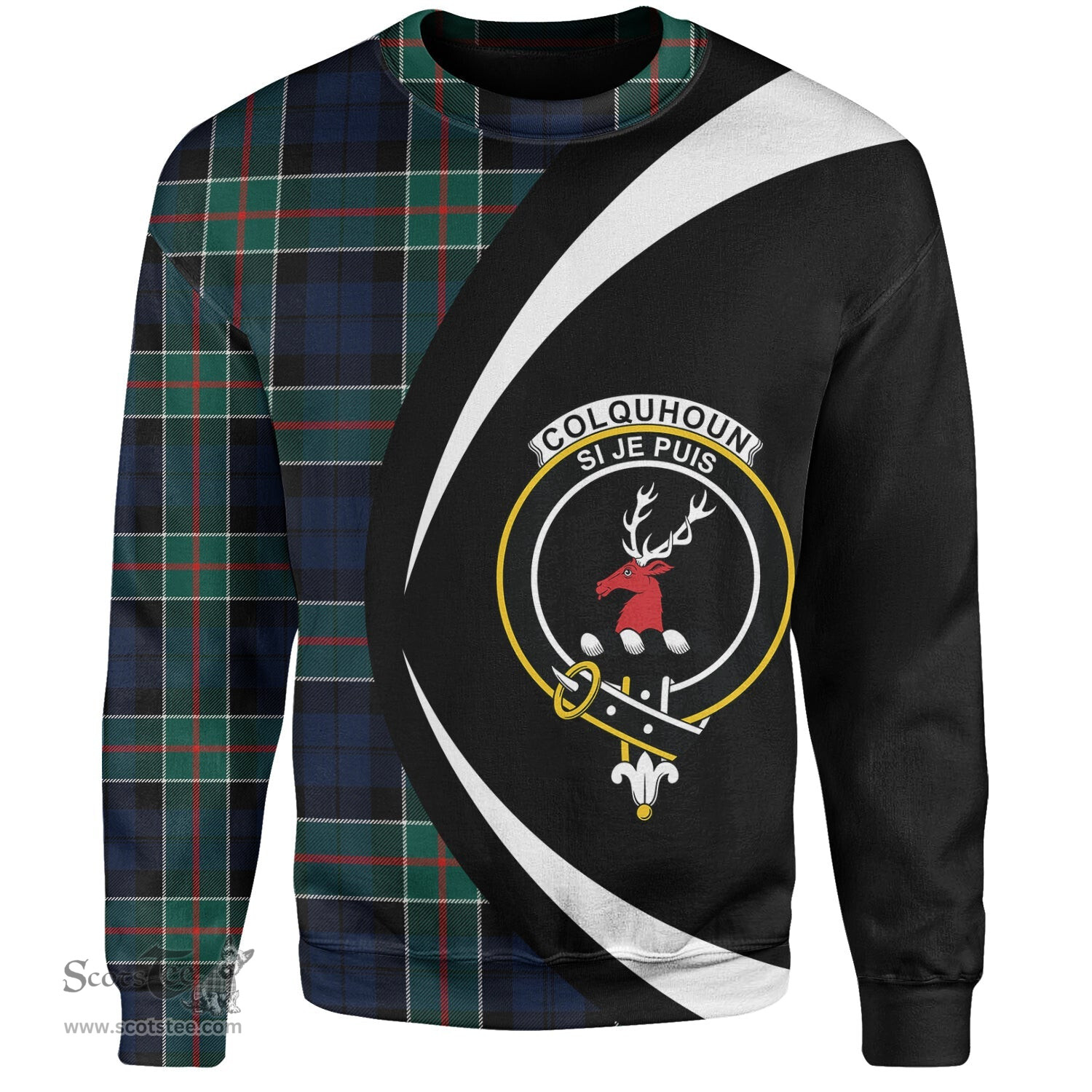 ScotsTee Shop Scottish Colquhoun Modern Clan Crest Personalized Tartan Sweatshirt Circle Style Back Shirt with Your Text