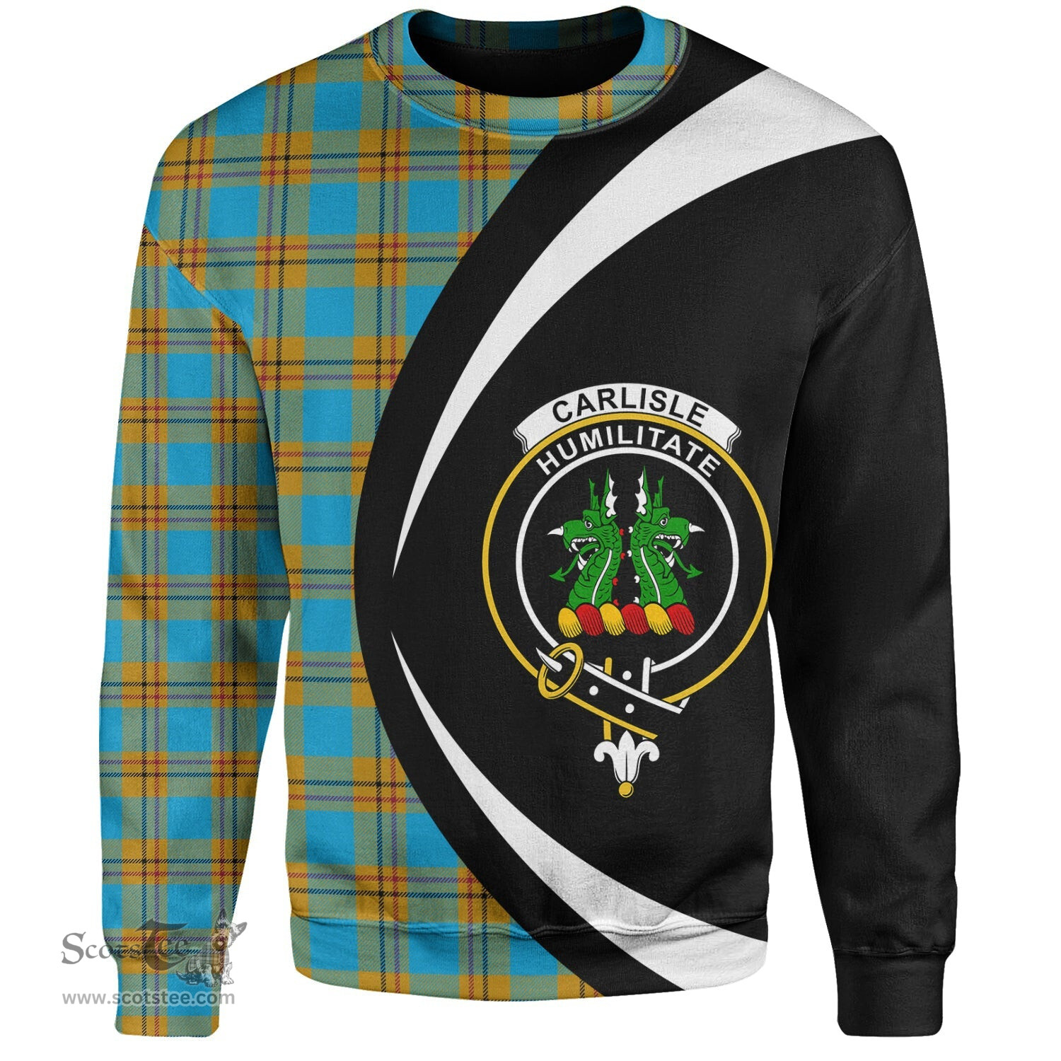 ScotsTee Shop Scottish Carlisle (Carlill) Ancient Clan Crest Personalized Tartan Sweatshirt Circle Style Back Shirt with Your Text