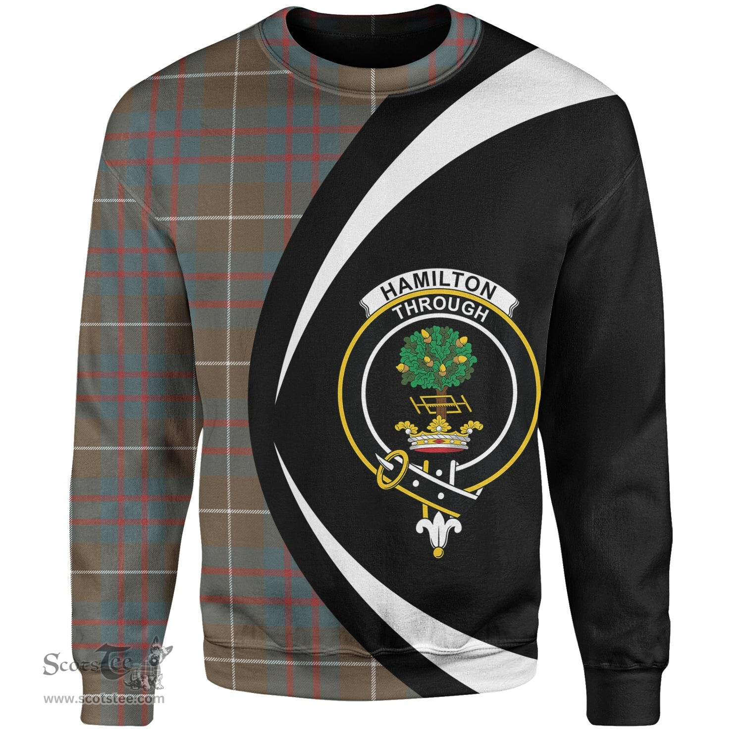 ScotsTee Shop Scottish Hamilton of Clayton Weathered Clan Crest Personalized Tartan Sweatshirt Circle Style Back Shirt with Your Text