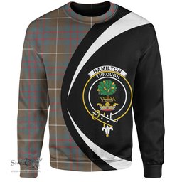 ScotsTee Shop Scottish Hamilton of Clayton Weathered Clan Crest Personalized Tartan Sweatshirt Circle Style Back Shirt with Your Text