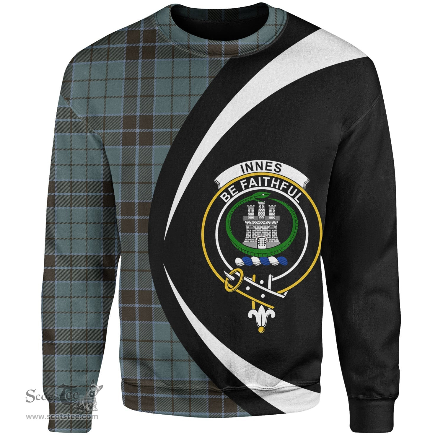 ScotsTee Shop Scottish Innes (Georgina) Weathered Clan Crest Personalized Tartan Sweatshirt Circle Style Back Shirt with Your Text