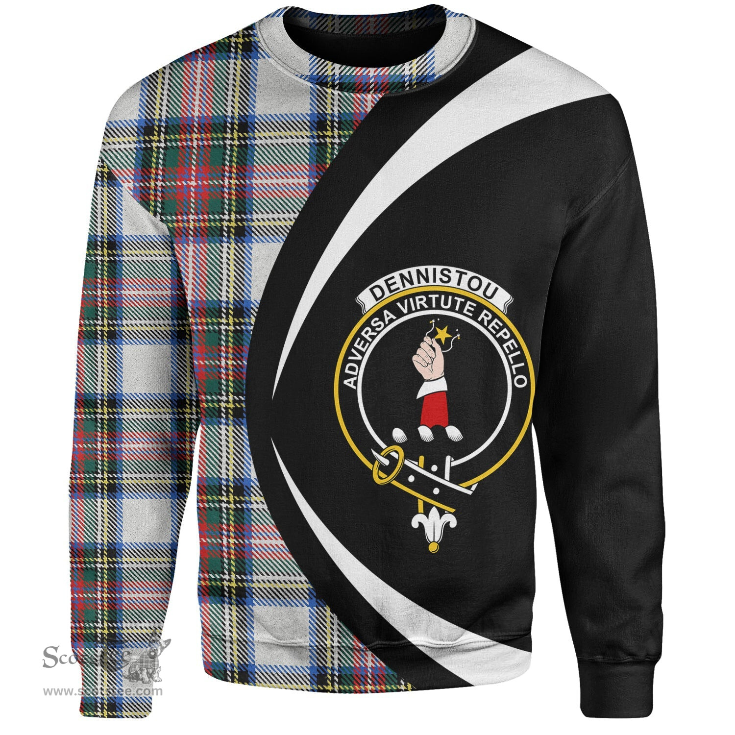 ScotsTee Shop Scottish Dennistoun Clan Crest Personalized Tartan Sweatshirt Circle Style Back Shirt with Your Text