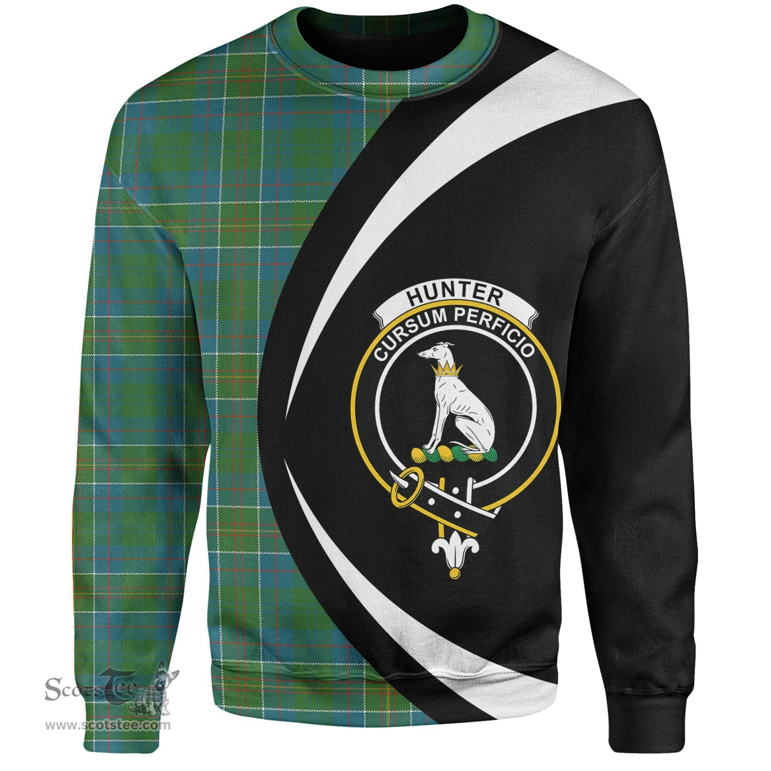 ScotsTee Shop Scottish Hunter of Hunterston (Michael of Hunterston) Ancient Clan Crest Personalized Tartan Sweatshirt Circle Style Back Shirt with Your Text