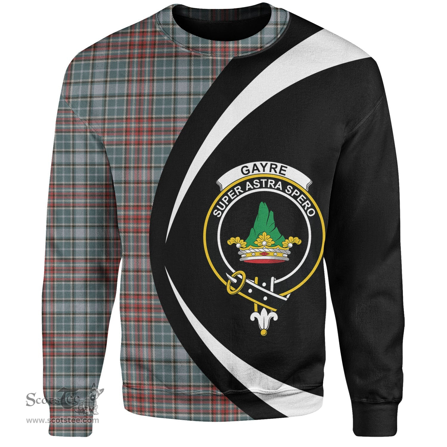 ScotsTee Shop Scottish Gayre Weathered Clan Crest Personalized Tartan Sweatshirt Circle Style Back Shirt with Your Text