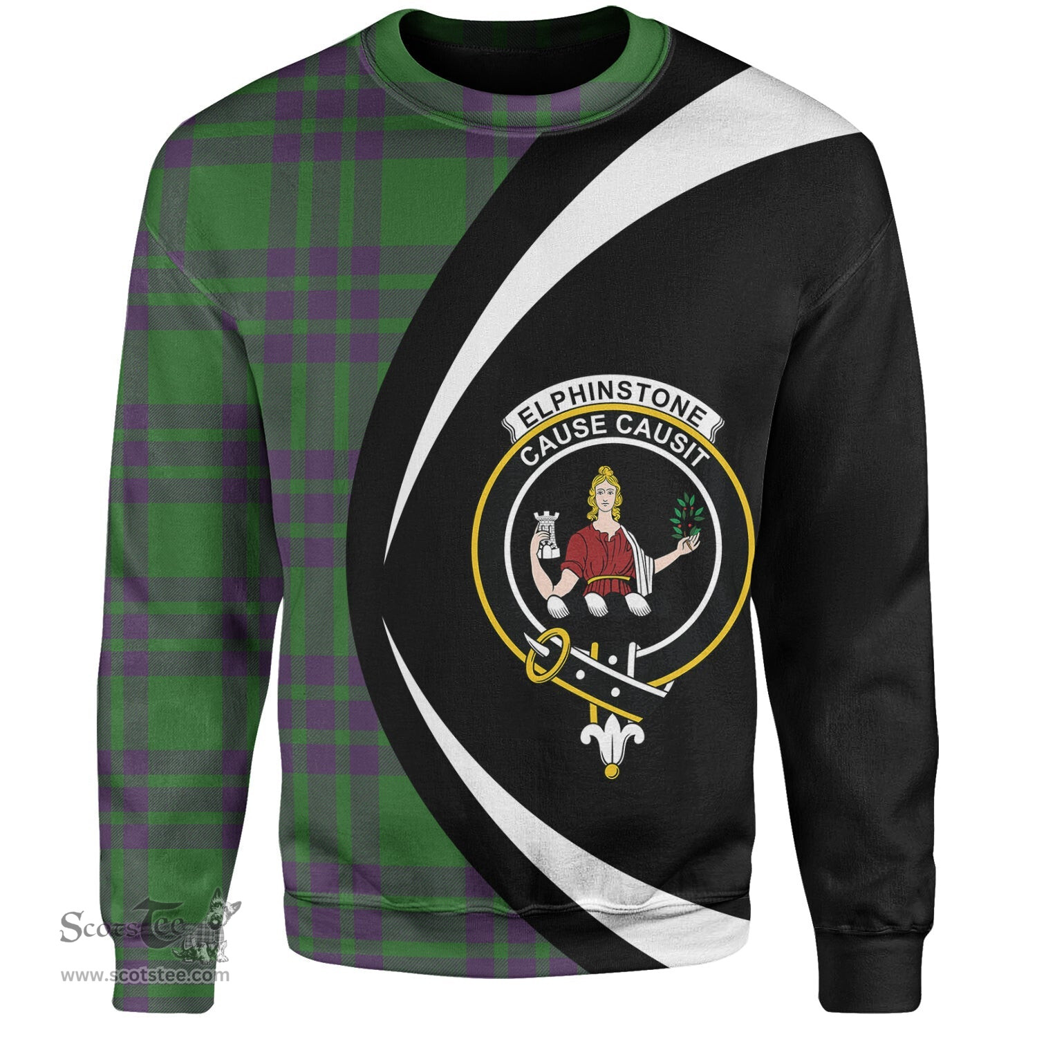 ScotsTee Shop Scottish Elphinstone Ancient Clan Crest Personalized Tartan Sweatshirt Circle Style Back Shirt with Your Text