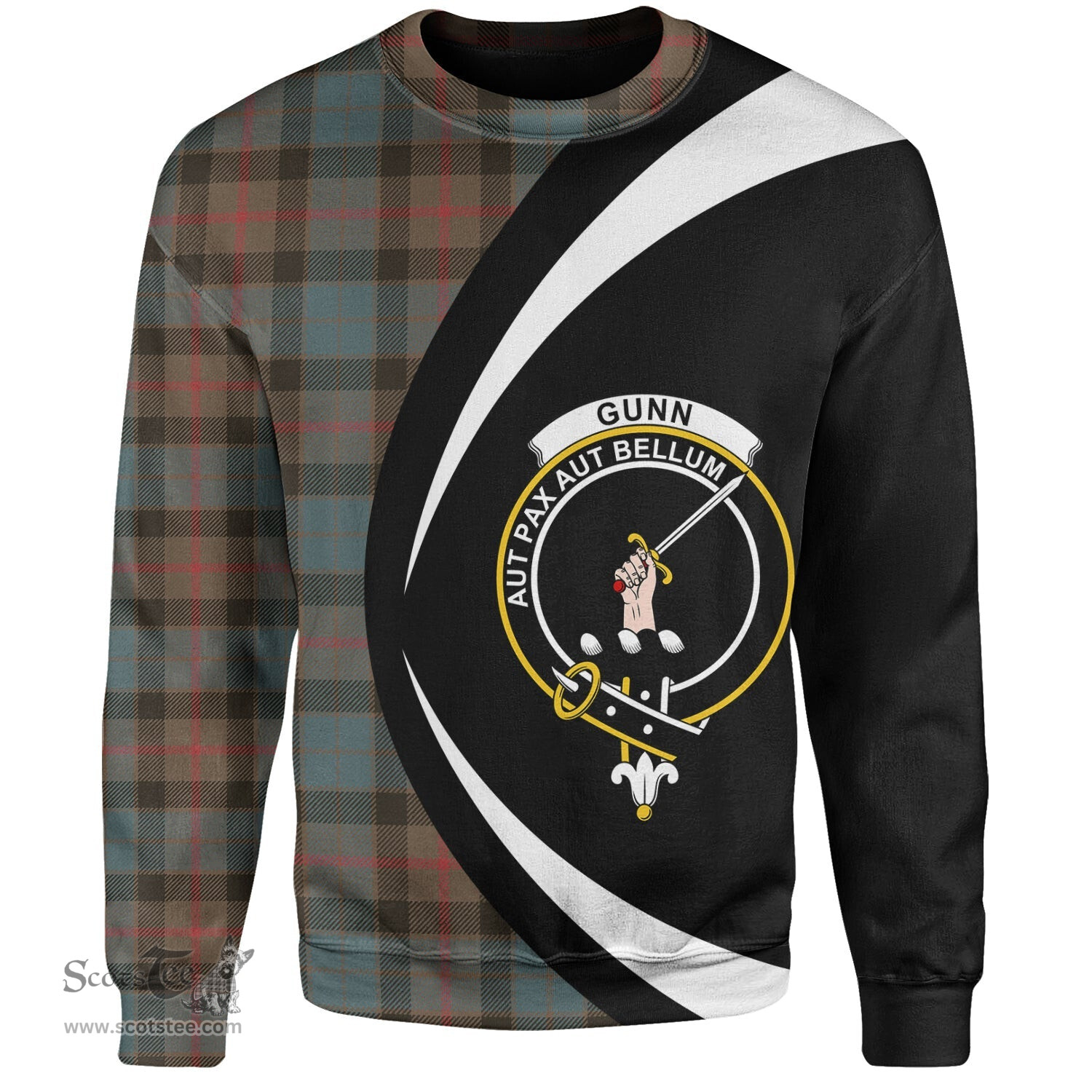 ScotsTee Shop Scottish Gunn Weathered Clan Crest Personalized Tartan Sweatshirt Circle Style Back Shirt with Your Text