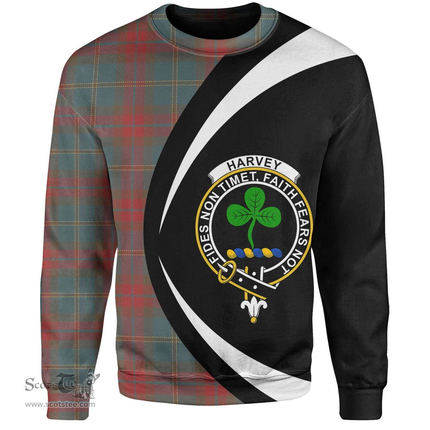 ScotsTee Shop Scottish Harvey Weathered Clan Crest Personalized Tartan Sweatshirt Circle Style Back Shirt with Your Text