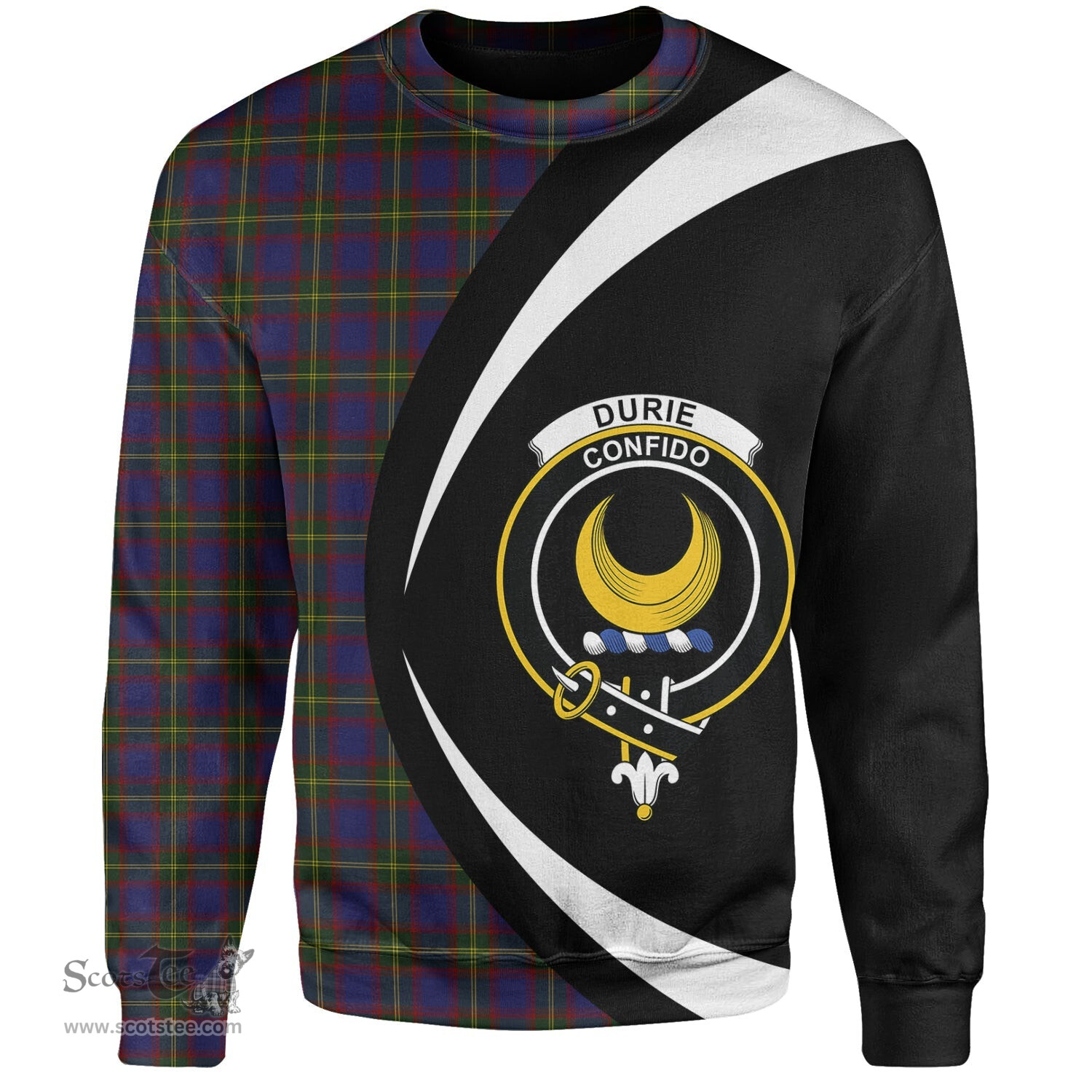 ScotsTee Shop Scottish Durie Clan Crest Personalized Tartan Sweatshirt Circle Style Back Shirt with Your Text