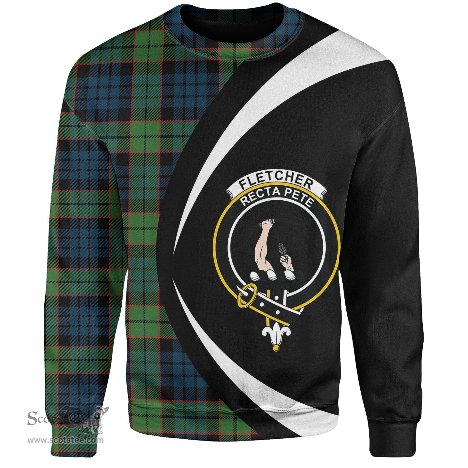 ScotsTee Shop Scottish Fletcher Family Modern Clan Crest Personalized Tartan Sweatshirt Circle Style Back Shirt with Your Text