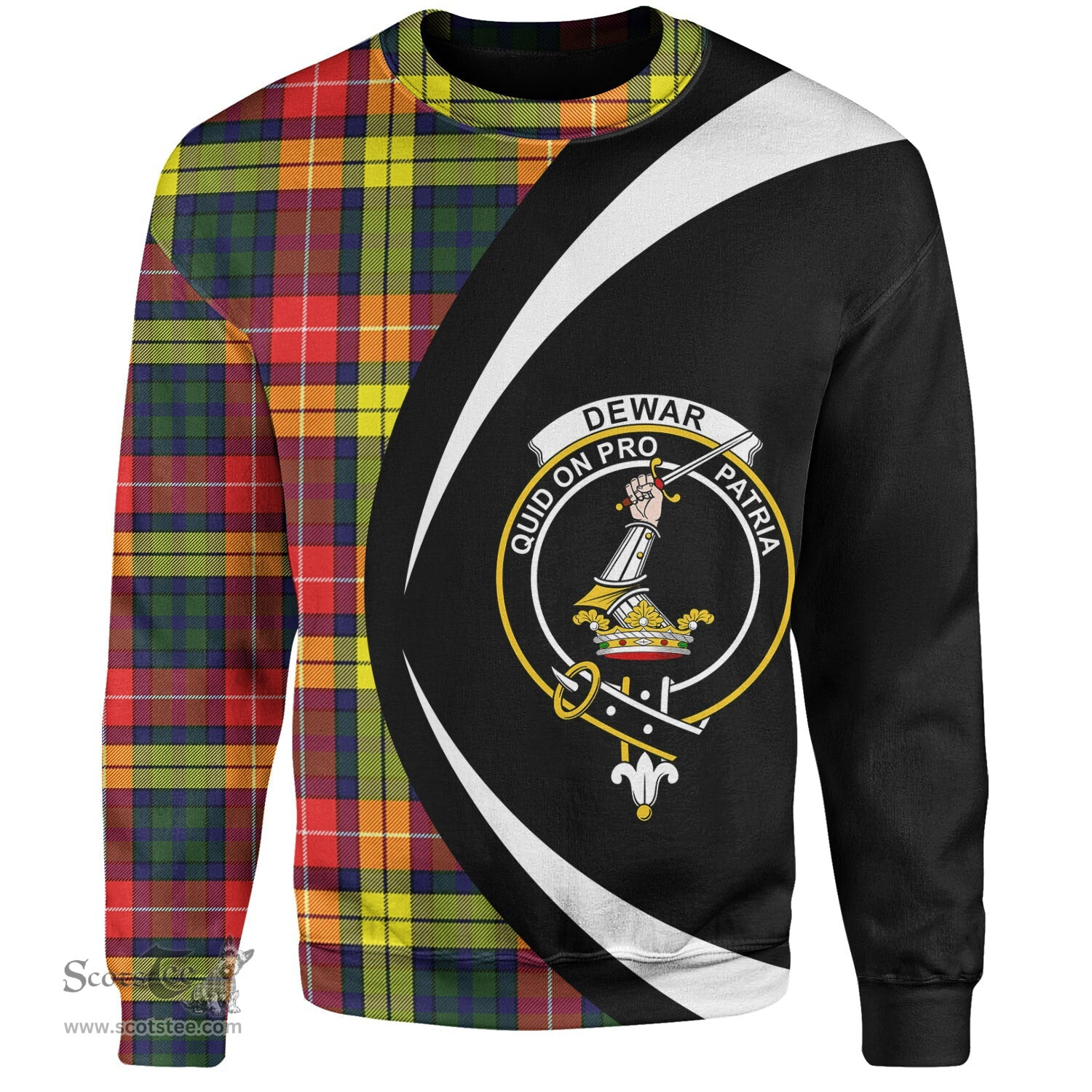 ScotsTee Shop Scottish Dewar Clan Crest Personalized Tartan Sweatshirt Circle Style Back Shirt with Your Text