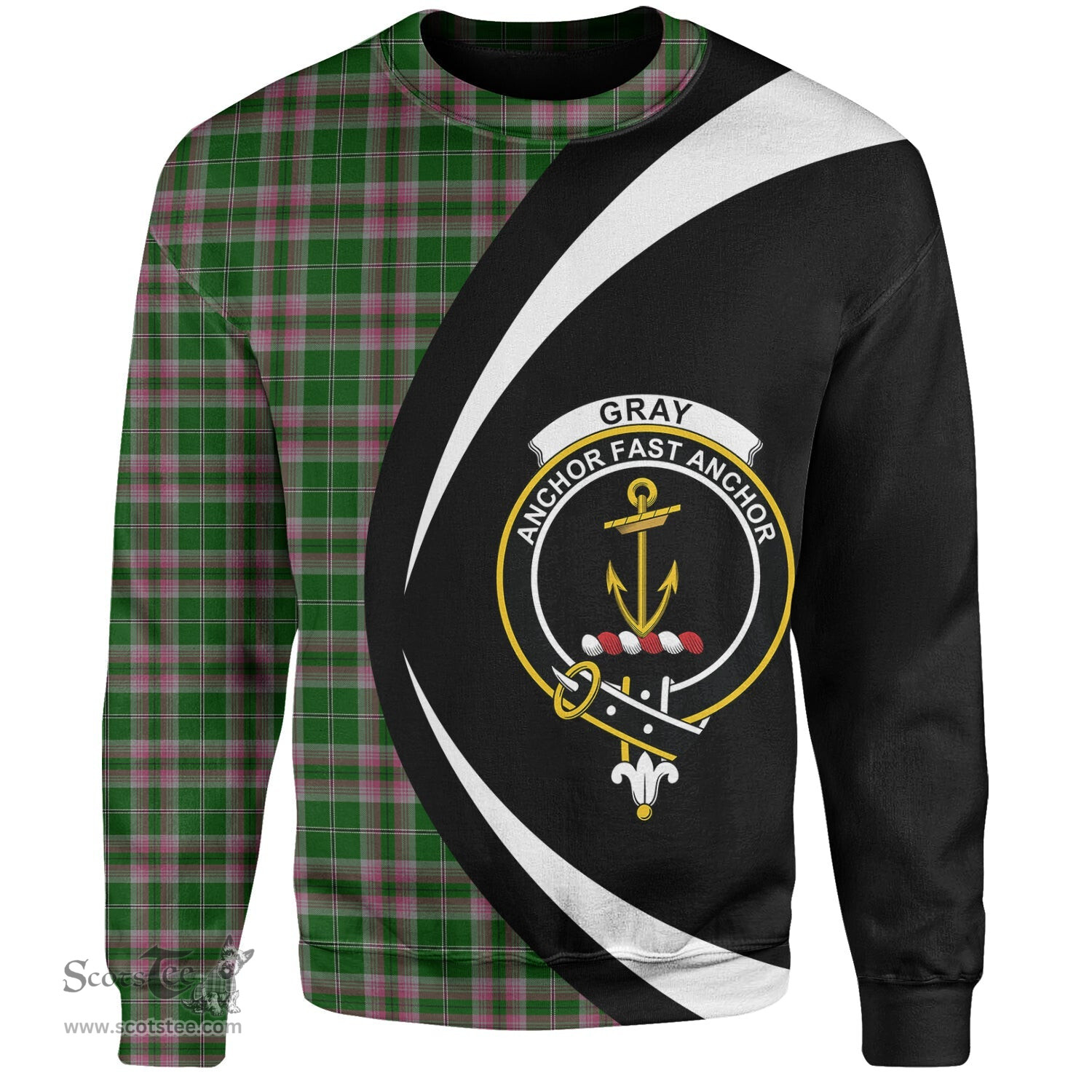 ScotsTee Shop Scottish Gray Hunting Clan Crest Personalized Tartan Sweatshirt Circle Style Back Shirt with Your Text