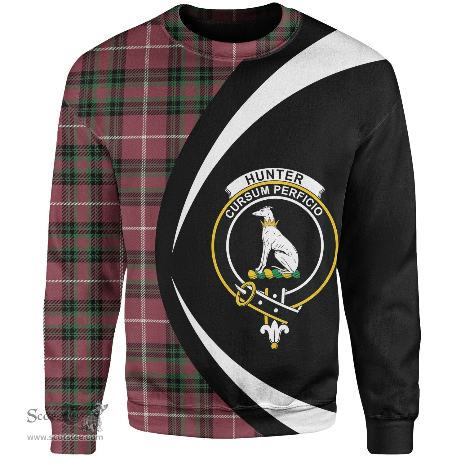 ScotsTee Shop Scottish Hunter of Bute (Hunter Maroon) Ancient Clan Crest Personalized Tartan Sweatshirt Circle Style Back Shirt with Your Text