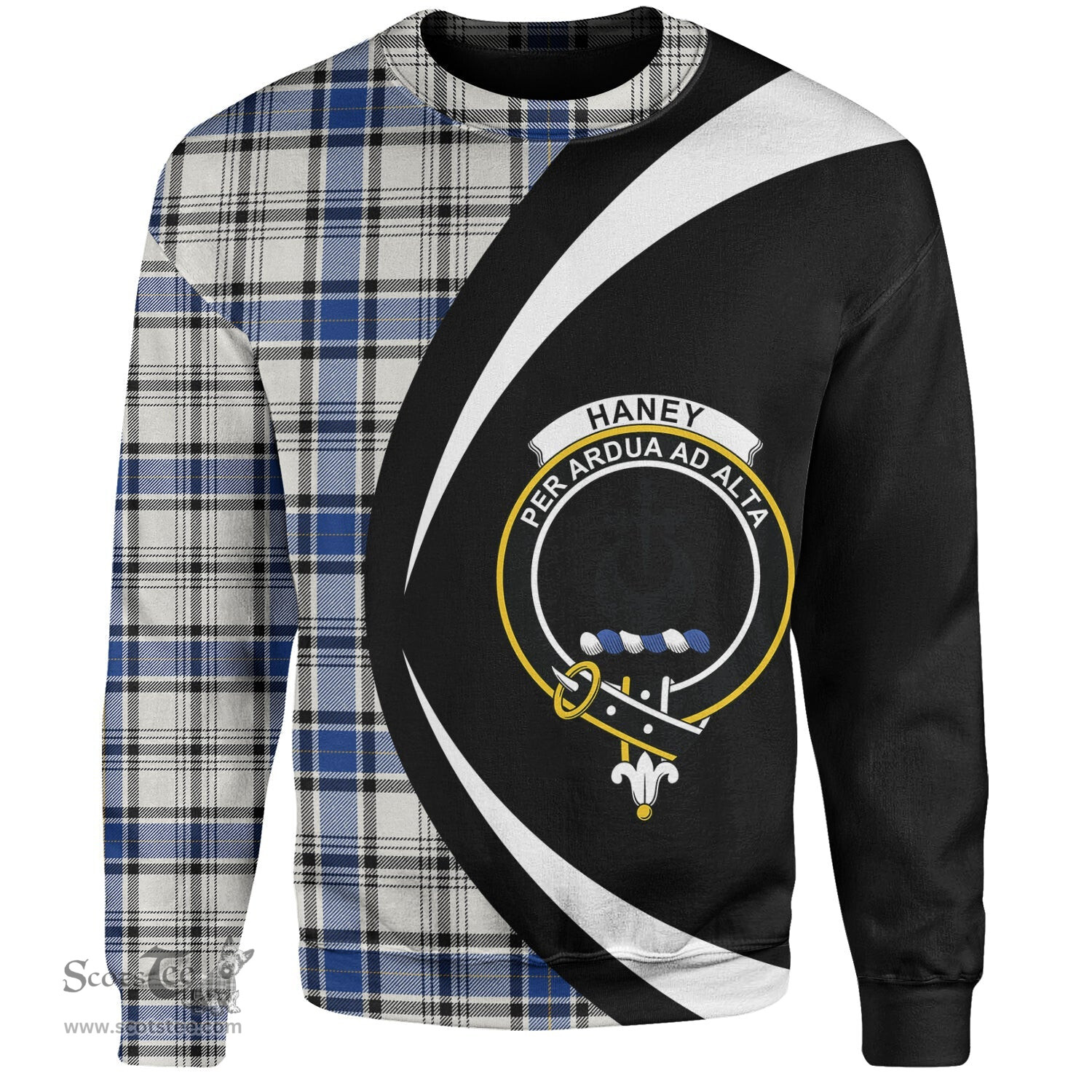 ScotsTee Shop Scottish Haney Modern Clan Crest Personalized Tartan Sweatshirt Circle Style Back Shirt with Your Text