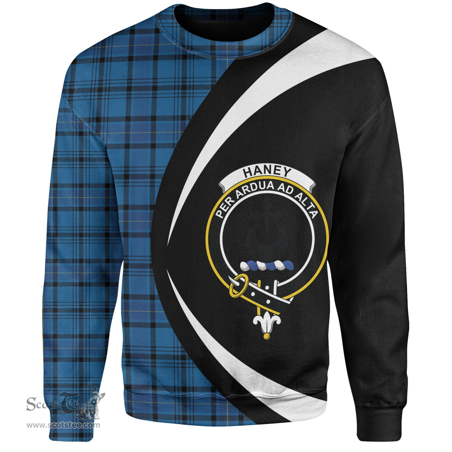 ScotsTee Shop Scottish Haney Blue Modern Clan Crest Personalized Tartan Sweatshirt Circle Style Back Shirt with Your Text